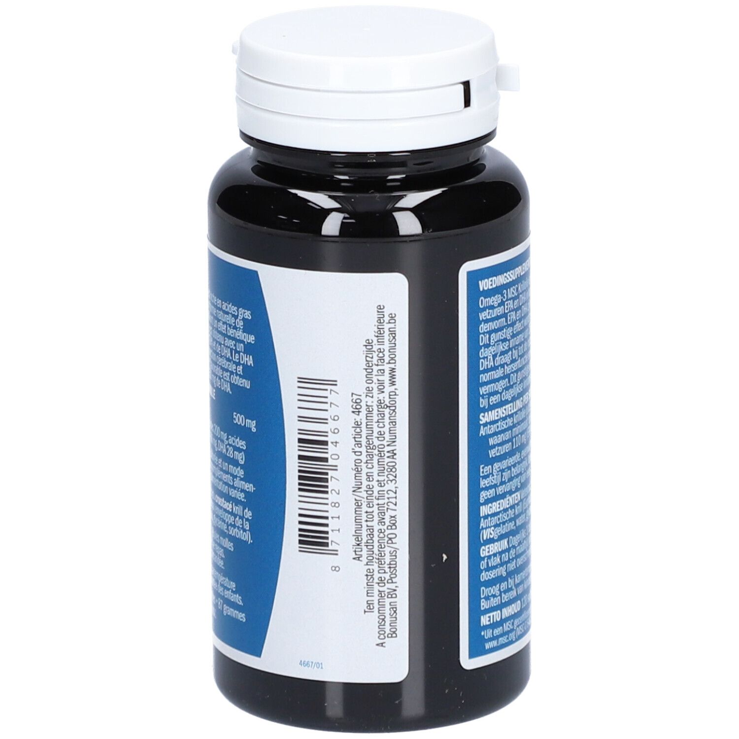 Dunkle Flasche mit weißem Deckel. Etikett mit Produktinformationen: Omega-3 MSC Krillöl, 120 Softgels. Marke: BONUSAN.