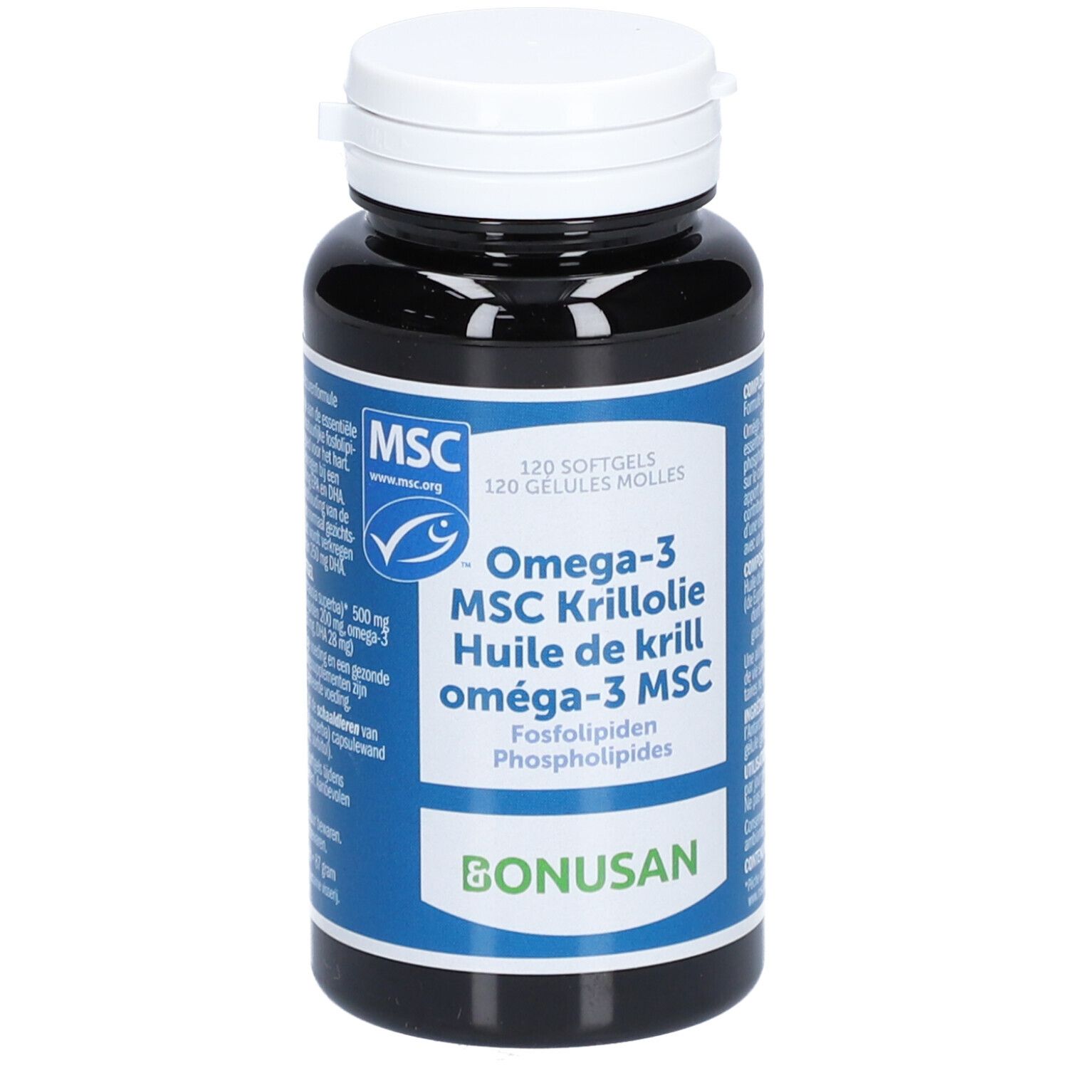 Dunkle Flasche mit weißem Deckel. Etikett mit Produktinformationen: Omega-3 MSC Krillöl, 120 Softgels. Marke: BONUSAN.