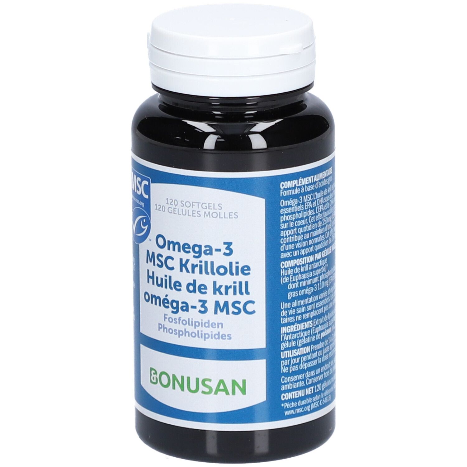 Dunkle Flasche mit weißem Deckel. Etikett mit Produktinformationen: Omega-3 MSC Krillöl, 120 Softgels. Marke: BONUSAN.