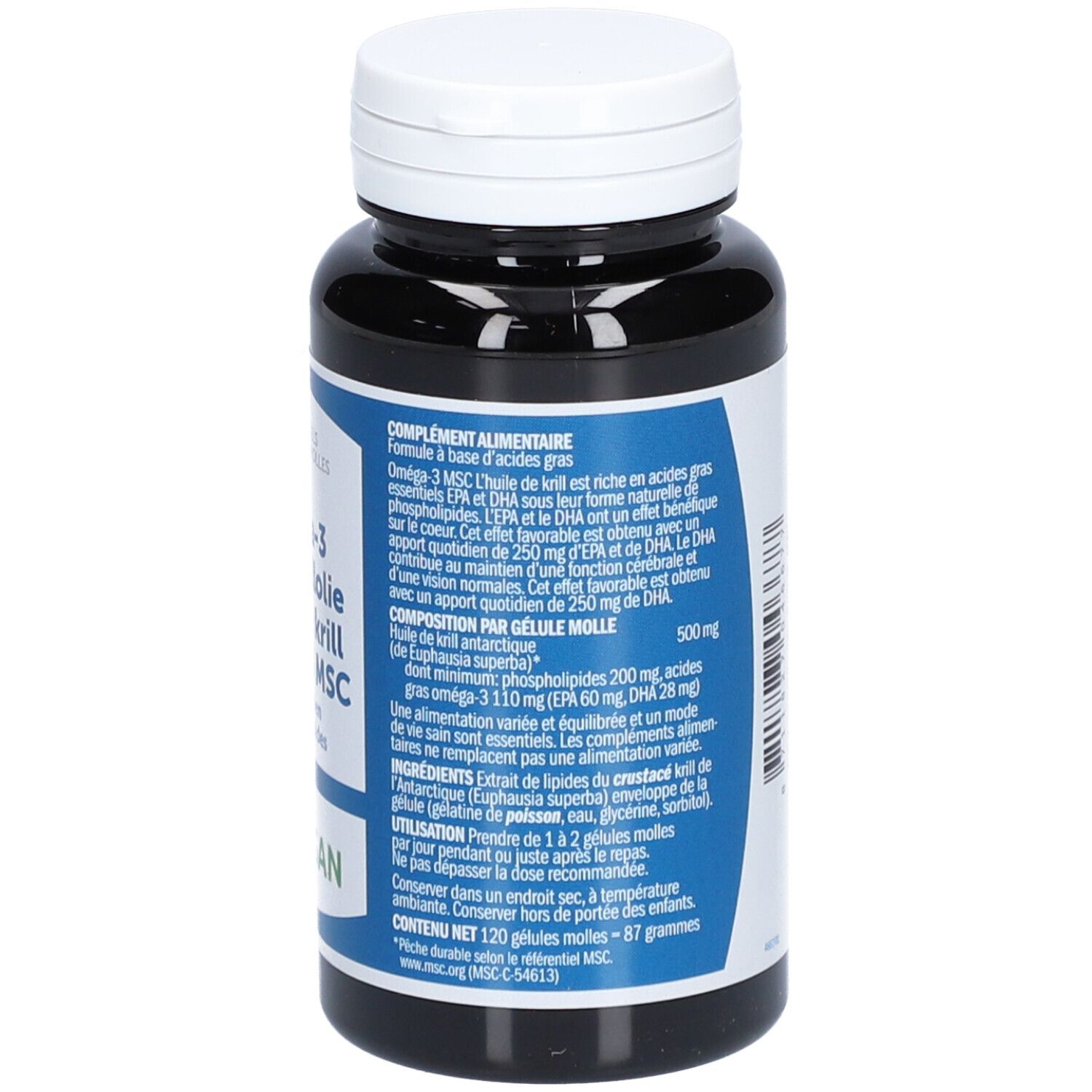 Dunkle Flasche mit weißem Deckel. Etikett mit Produktinformationen: Omega-3 MSC Krillöl, 120 Softgels. Marke: BONUSAN.