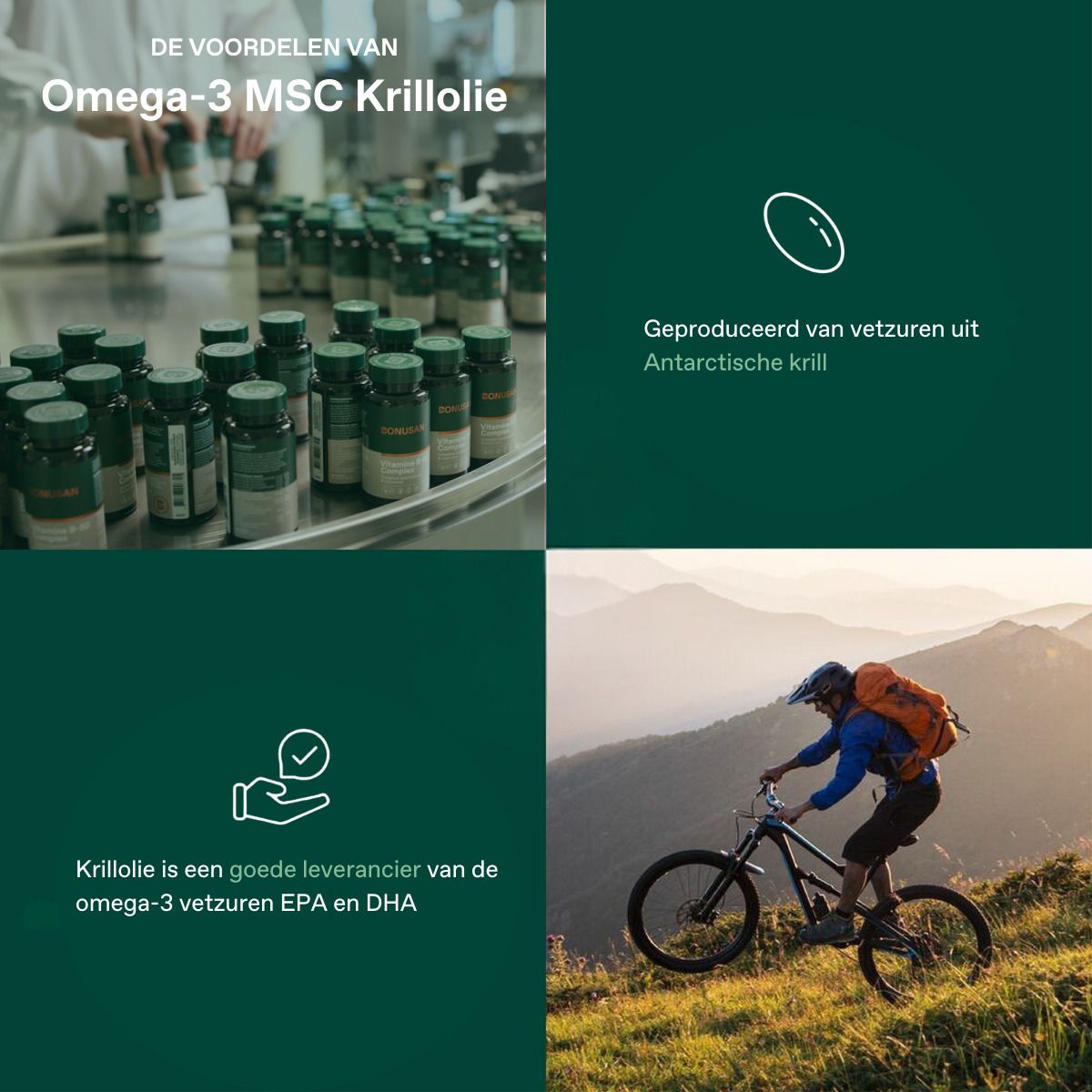Omega-3 MSC Krillöl. Kapsel-Symbol. Hergestellt aus antarktischem Krill. Mann auf dem Fahrrad.
