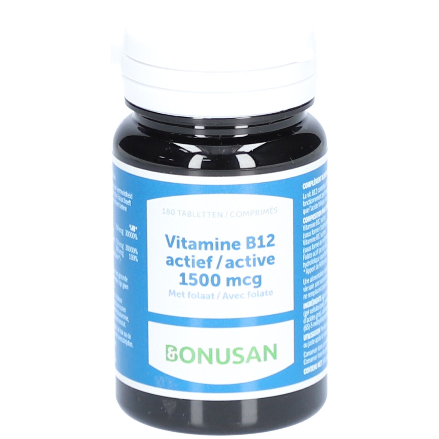 Dunkle Flasche mit weißem Deckel. Aufkleber mit Text: Vitamin B12, 1500 mcg, BONUSAN.