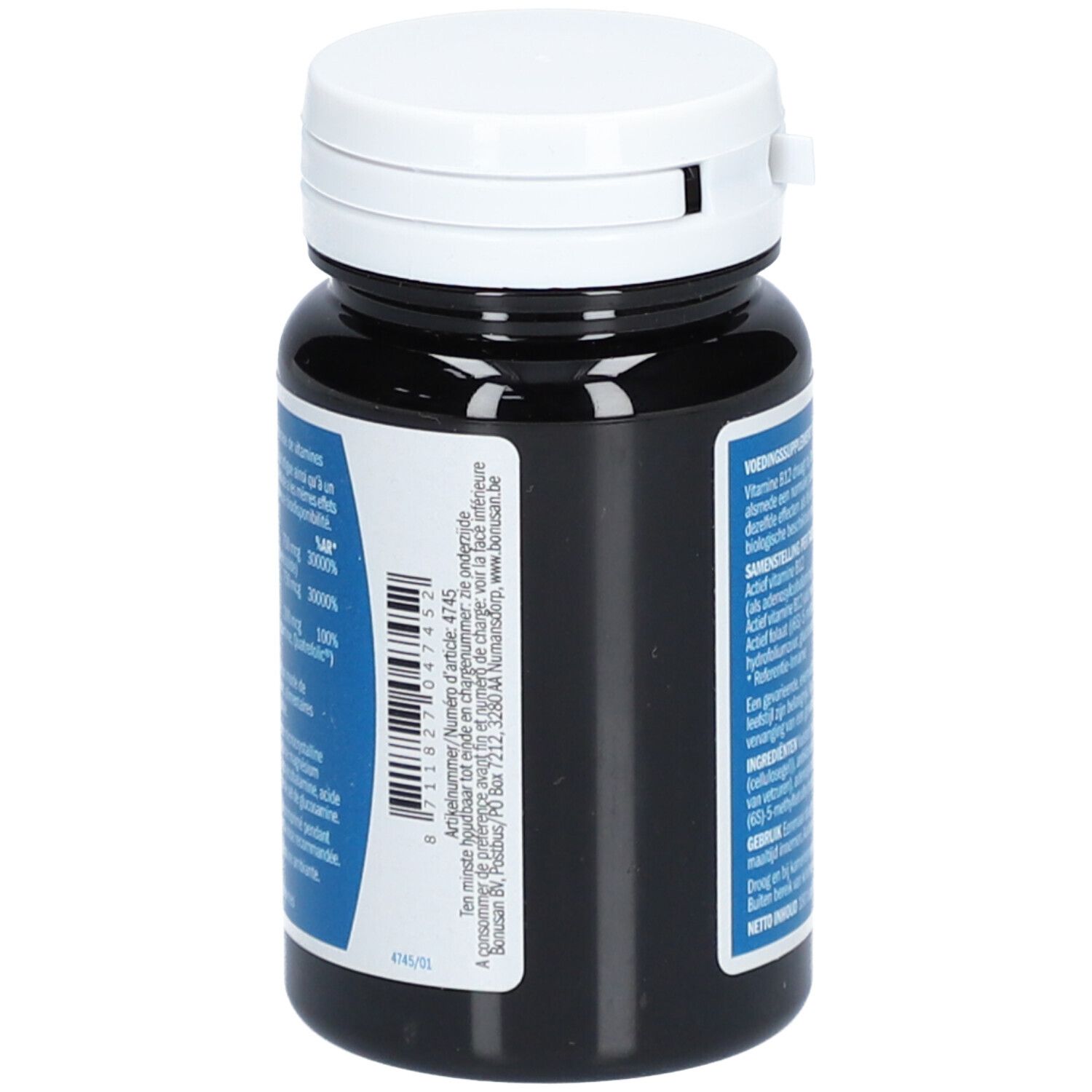 Dunkle Flasche mit weißem Deckel. Rückseite mit Text. Enthält 180 Tabletten.