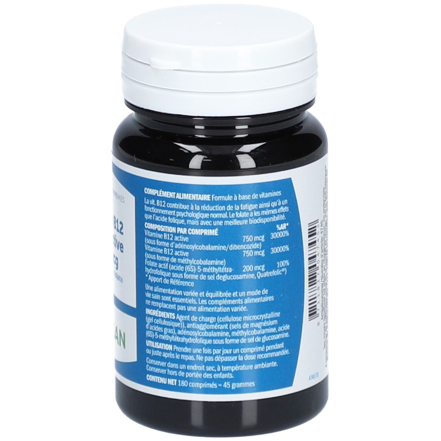 Dunkle Flasche mit weißem Deckel. Rückseite mit Text. Enthält 180 Tabletten.