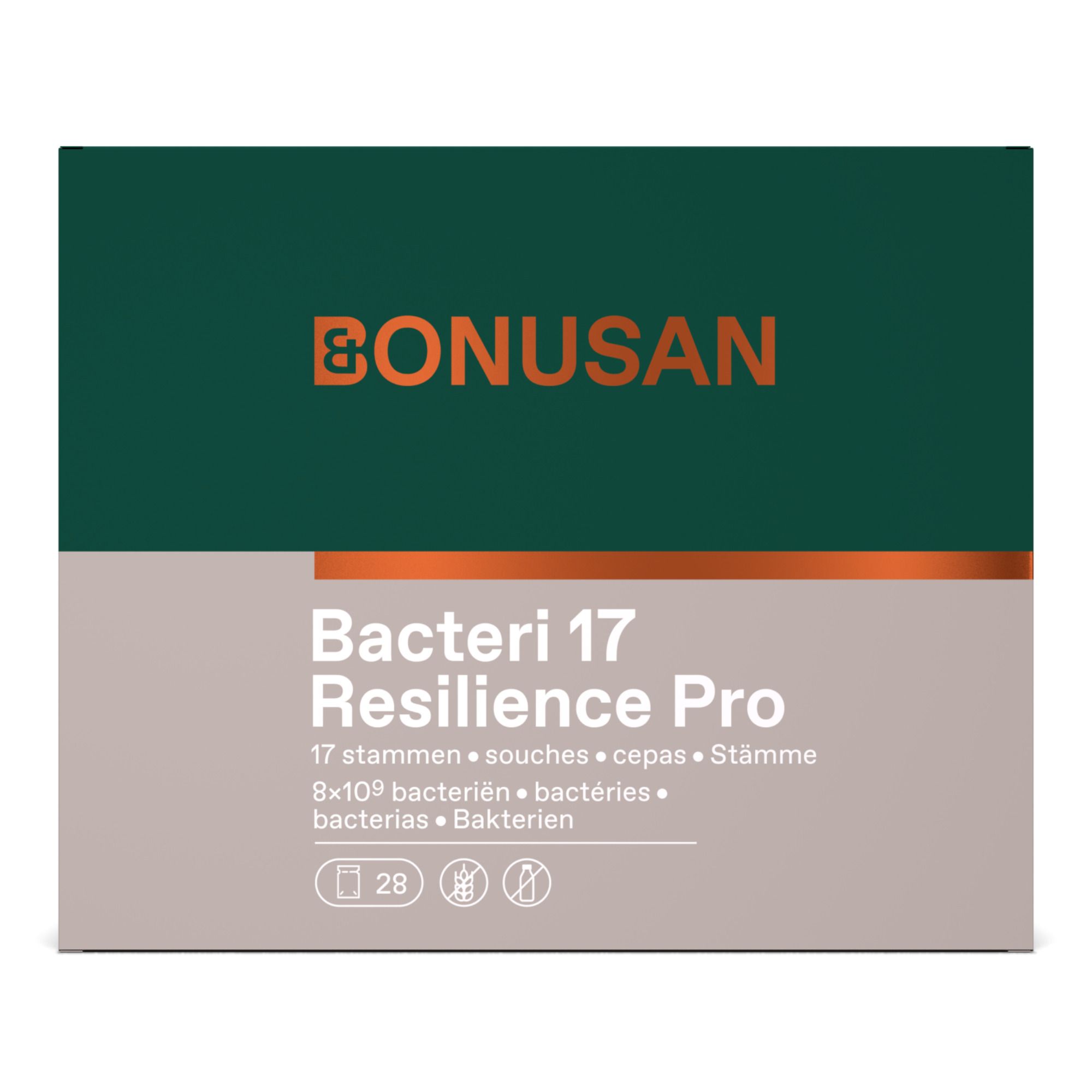 BONUSAN Logo auf dunkelgrünem Hintergrund. Produktname: Bacteri 17 Resilience Pro.
