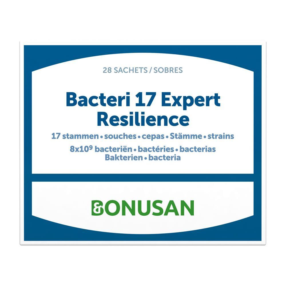 Boîte Bonusan Bacteri 17 Expert Resilience. 28 sachets. Texte blanc sur fond bleu. Logo Bonusan.
