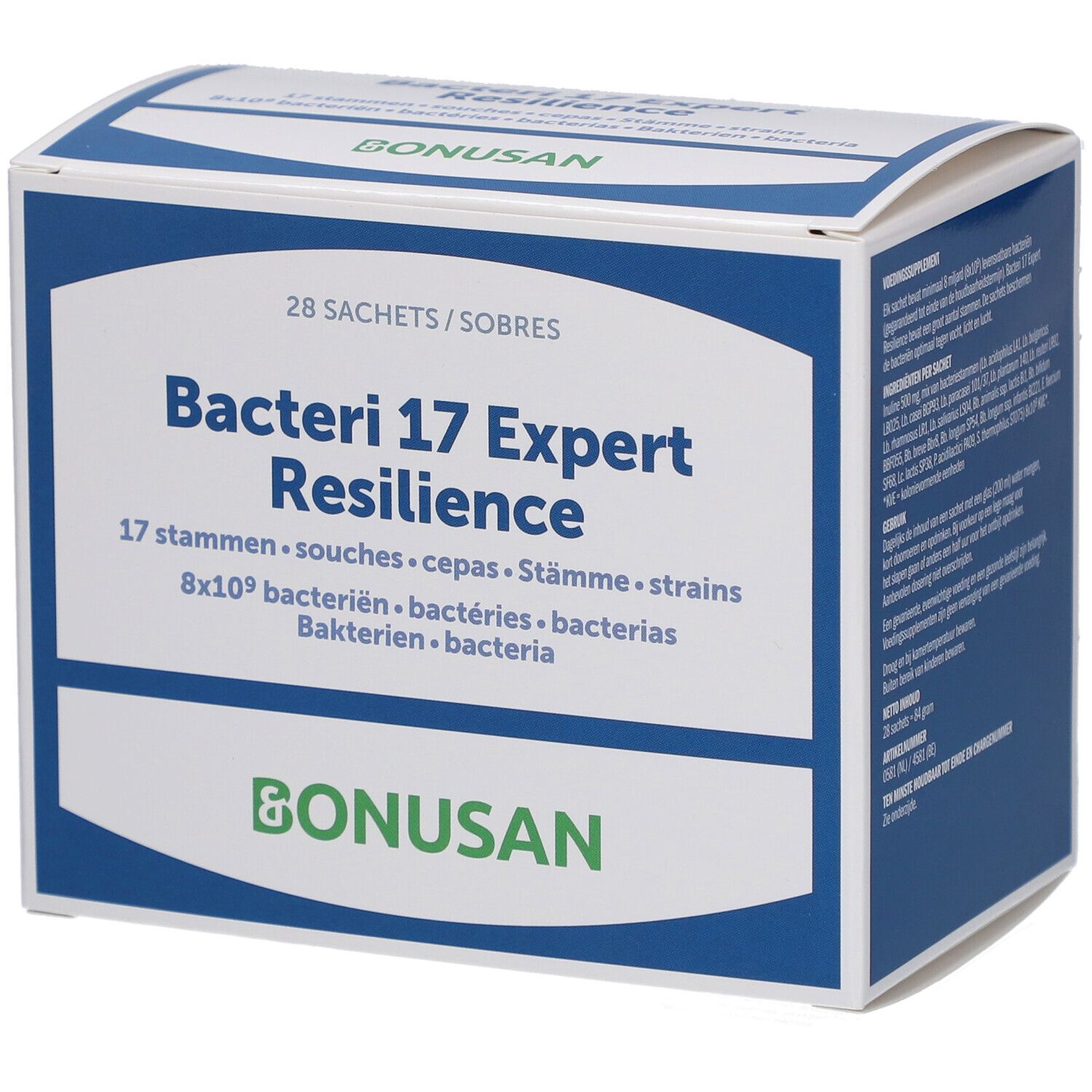 Bonusan Bacteri 17 Expert Resilience. Weiße Schachtel mit blauen Akzenten. 28 Sachets. Produktname und Logo deutlich sichtbar.