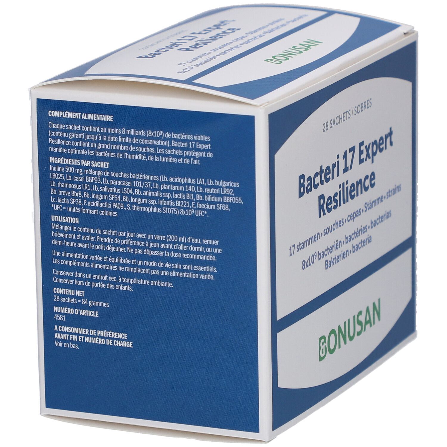 Bonusan Bacteri 17 Expert Resilience. Rückseite der Schachtel mit Text in verschiedenen Sprachen. 28 Sachets.