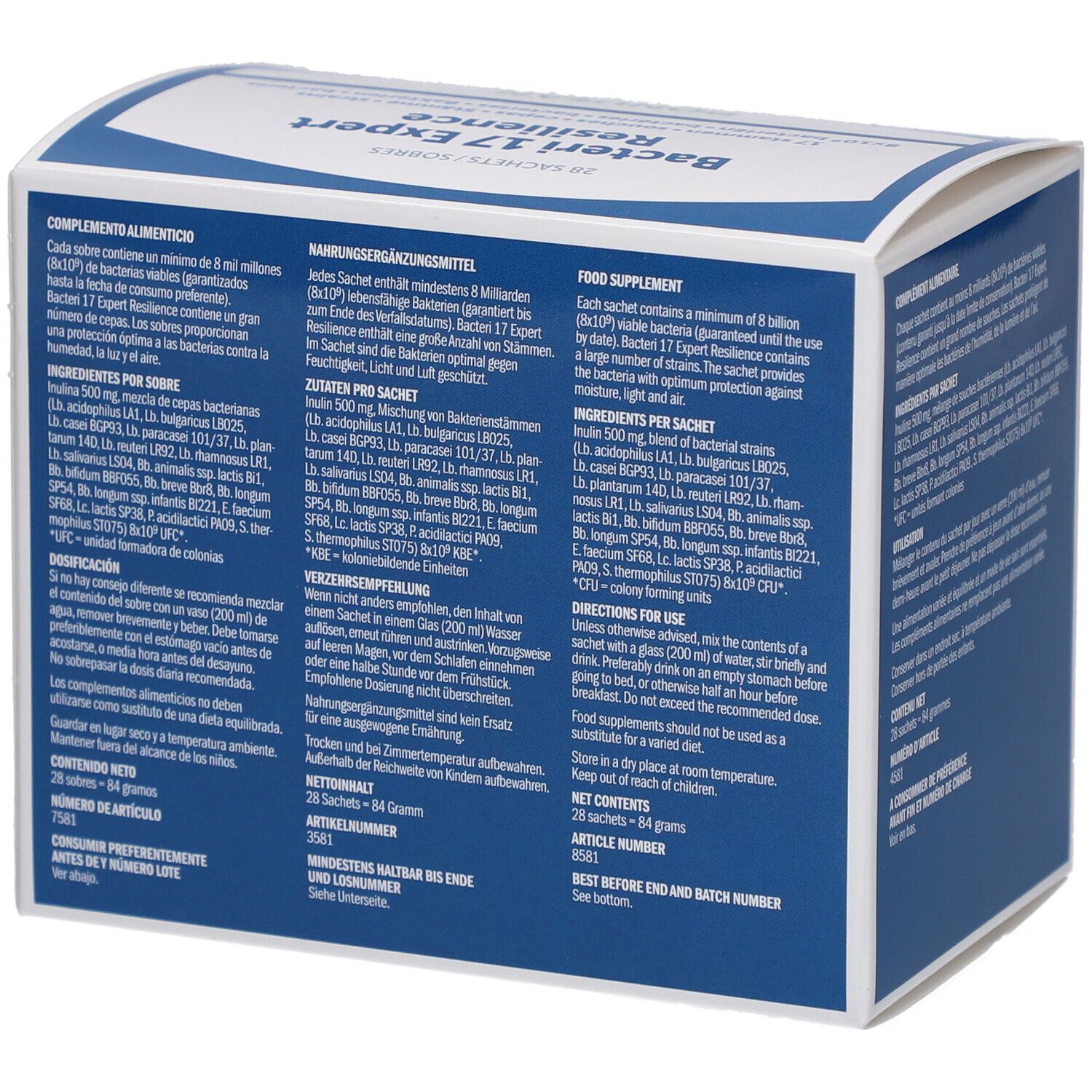 Rückseite der Bonusan Bacteri 17 Expert Resilience Schachtel. Text in verschiedenen Sprachen. 28 Sachets. Artikelnummer.