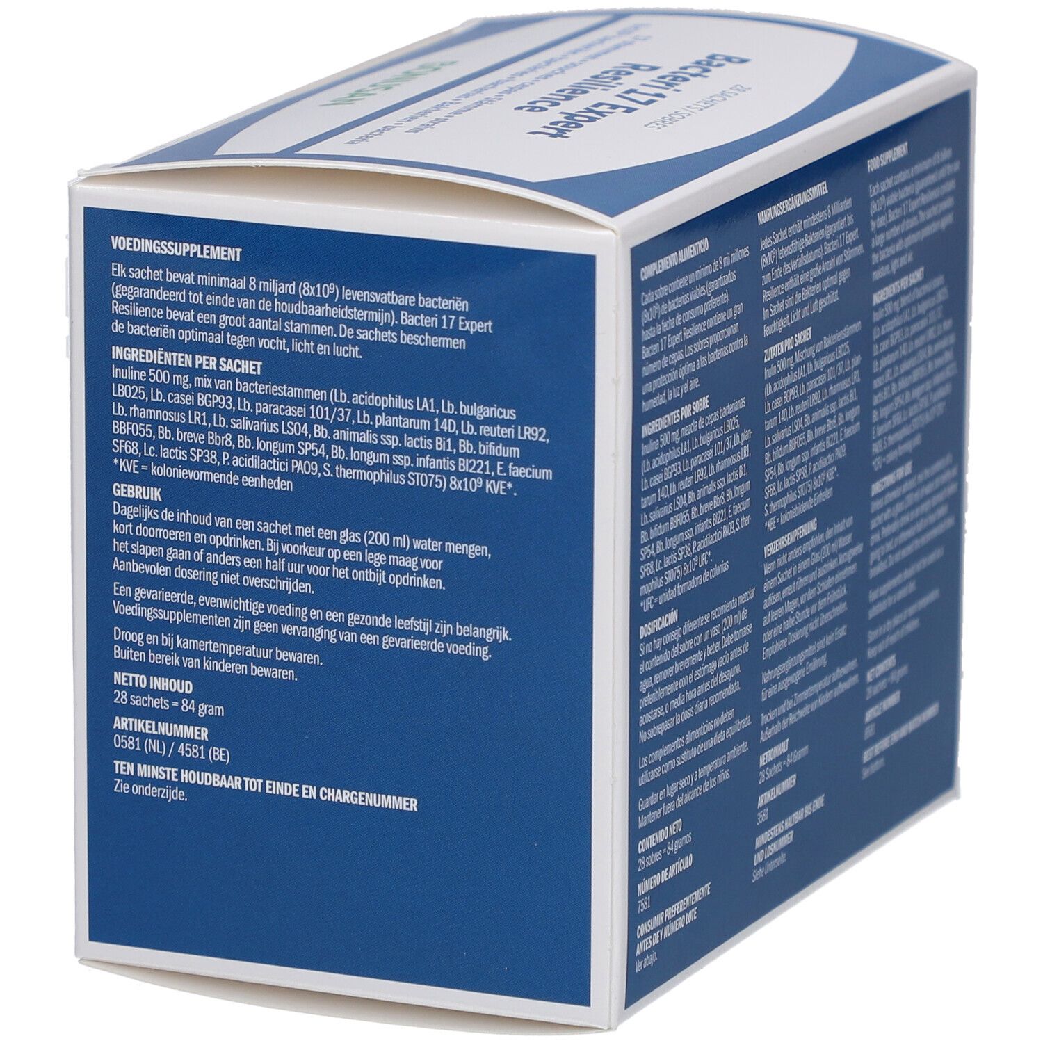 Rückseite der Bonusan Bacteri 17 Expert Resilience Schachtel. Text in verschiedenen Sprachen. 28 Sachets. Inhaltsstoffe.