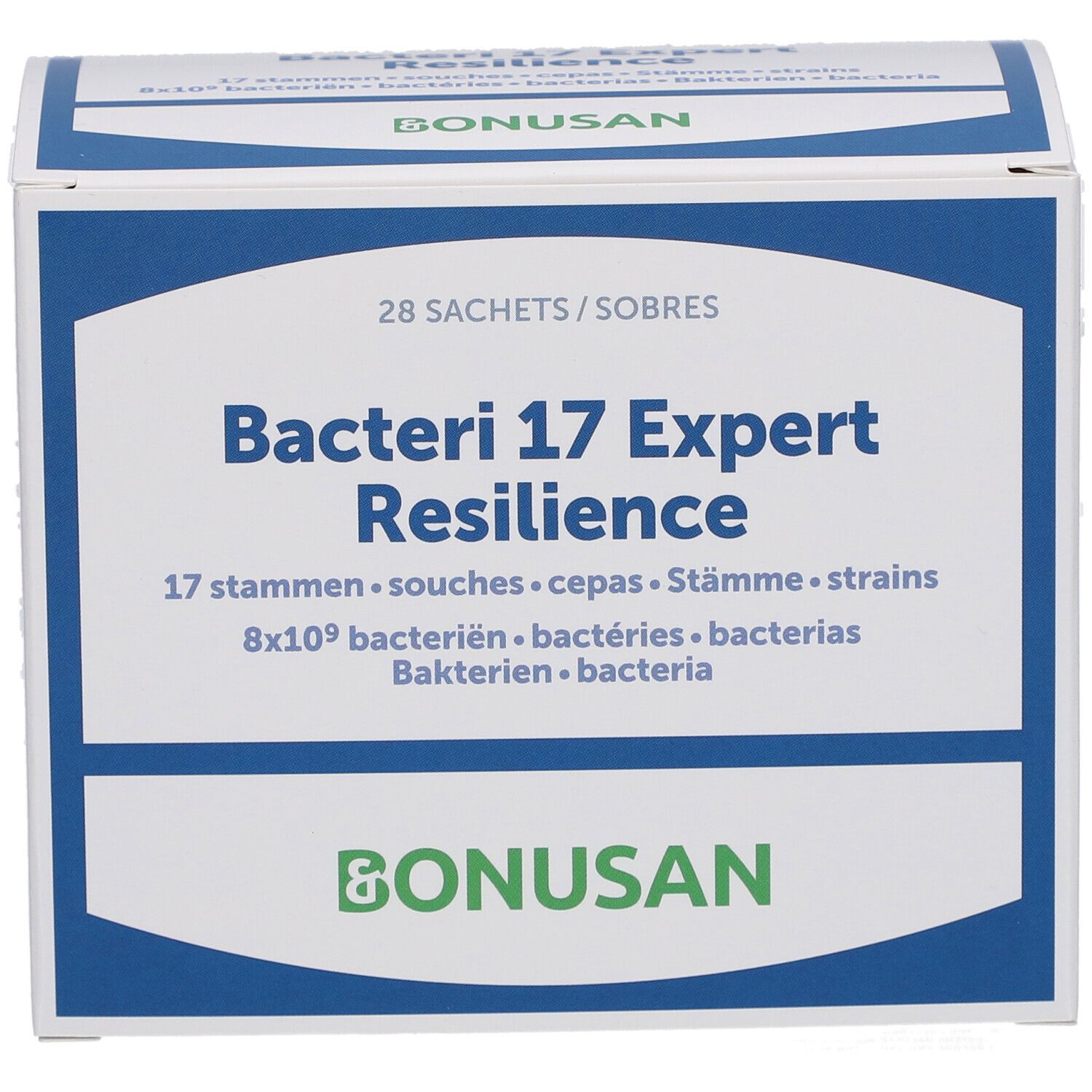 Bonusan Bacteri 17 Expert Resilience. Weiße Schachtel mit blauen Akzenten. 28 Sachets. Produktname und Logo.