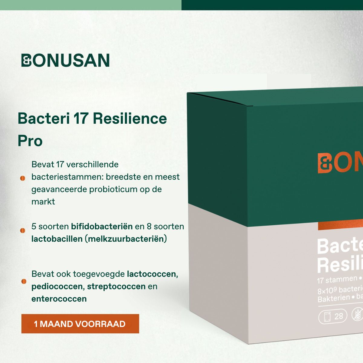 Bacteri 17 Resilience Pro. Grün-weiße Verpackung. Enthält 17 Bakterienstämme. Text: 1 Monat Vorrat.