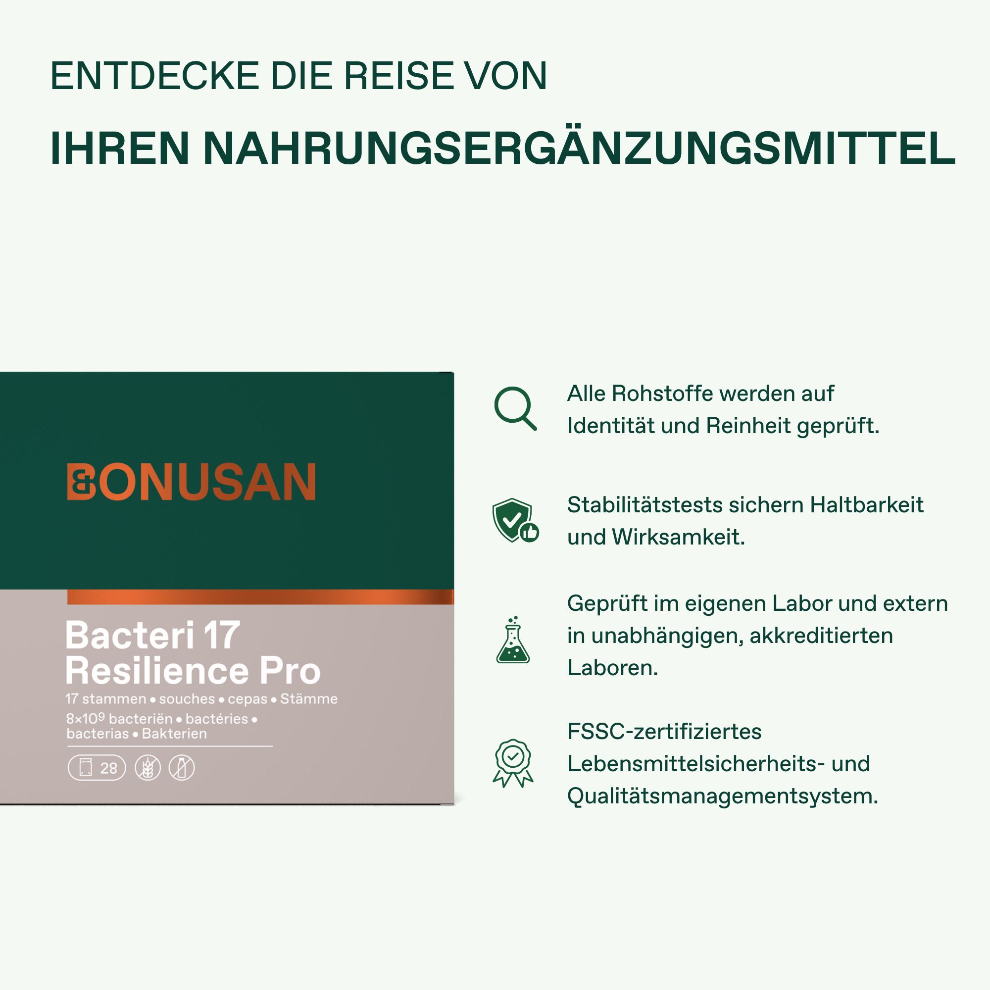 BONUSAN Bacteri 17 Resilience Pro Nahrungsergänzungsmittel, 17 Stämme, 8x10⁹ Bakterien pro Beutel.