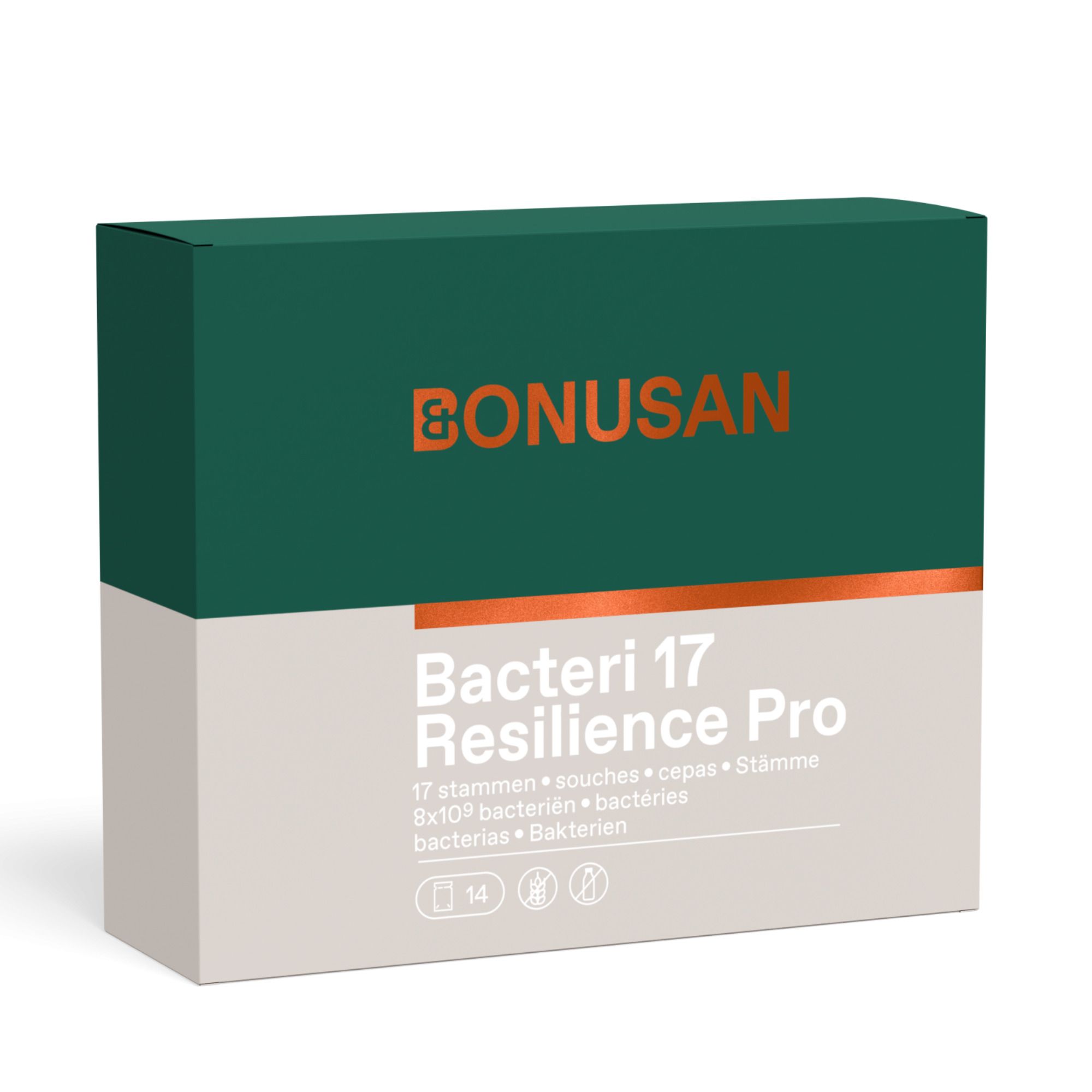 Bonusan Bacteri 17 Resilience Pro Verpackung, dunkelgrün und hellgrau.