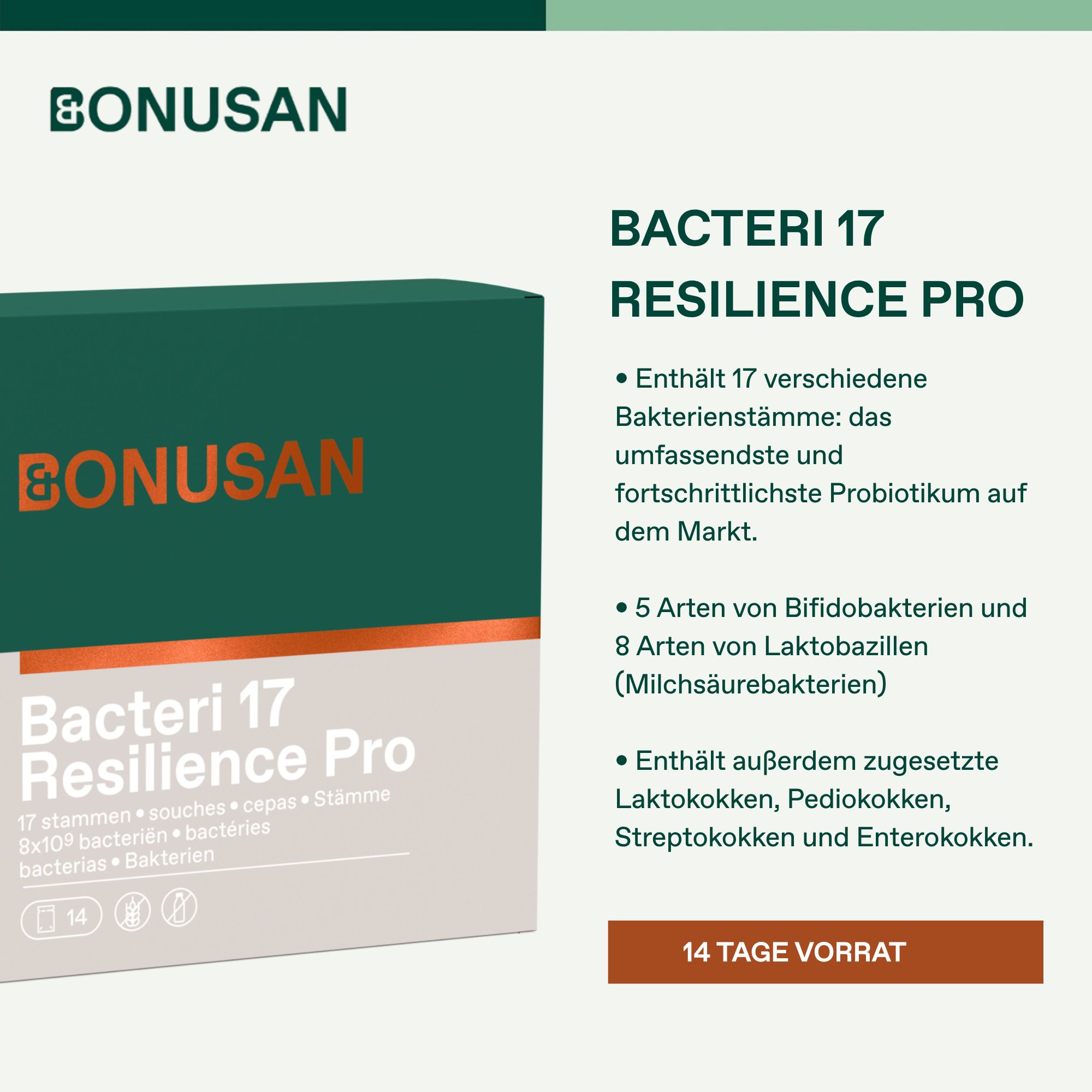 BONUSAN Bacteri 17 Resilience Pro Verpackung. Enthält 17 Bakterienstämme, 5 Bifidobakterien, 8 Laktobazillen. 14 Tage Vorrat.
