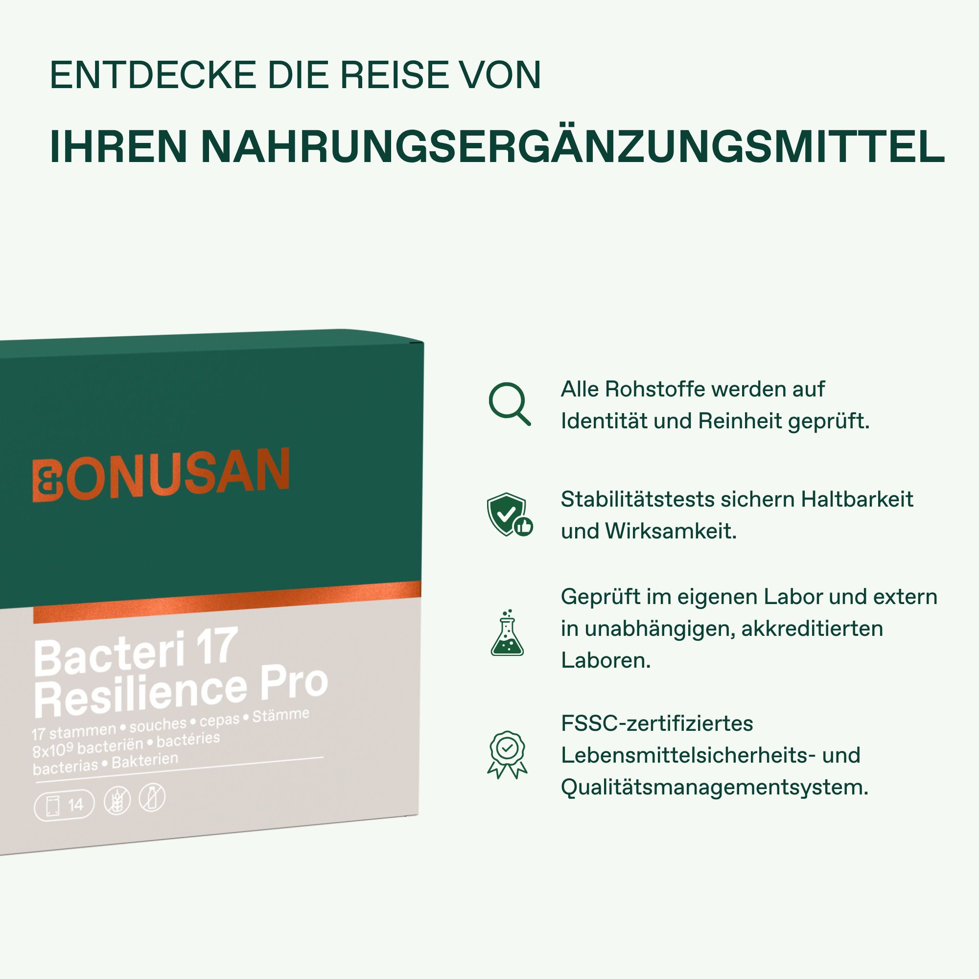 Bonusan Bacteri 17 Resilience Pro Verpackung und Informationen zur Produktprüfung.