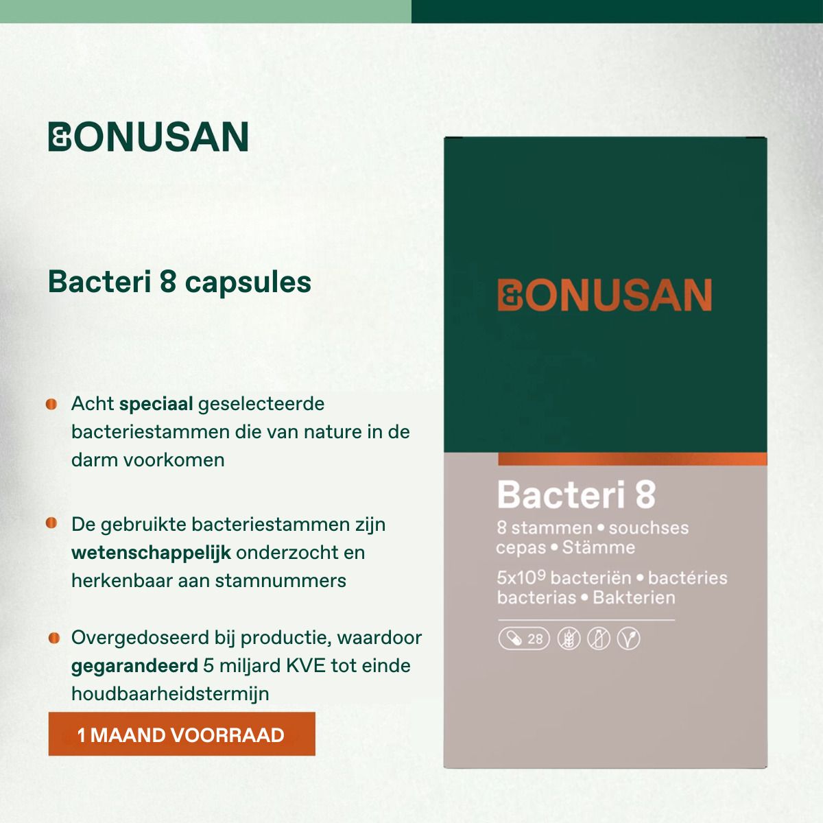 Bonusan Bacteri 8. Produktinformationen. Acht Bakterienstämme. Packung mit 28 Kapseln. Grün-weißes Design.