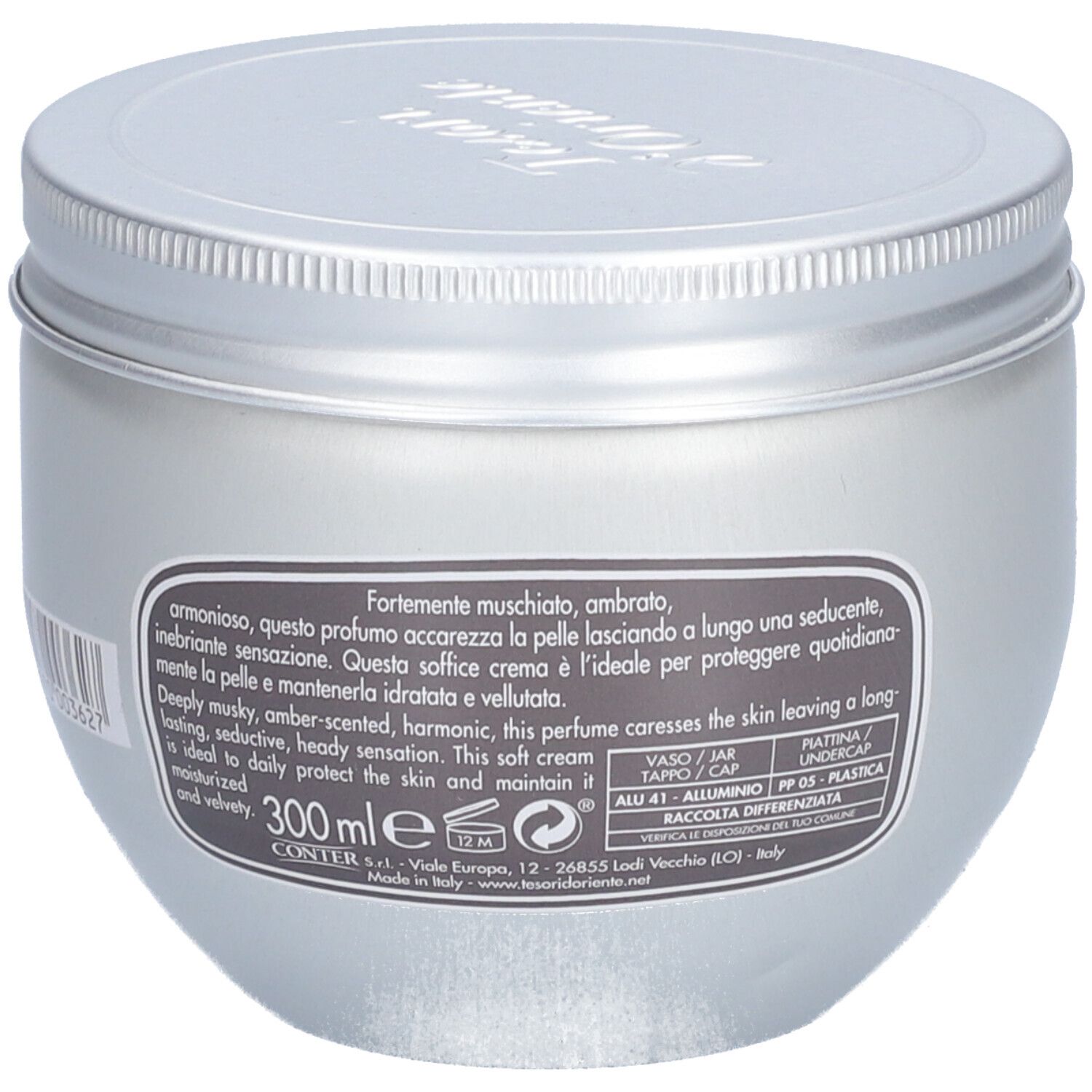 Pot argenté avec couvercle. Étiquette avec texte et informations. 300 ml.