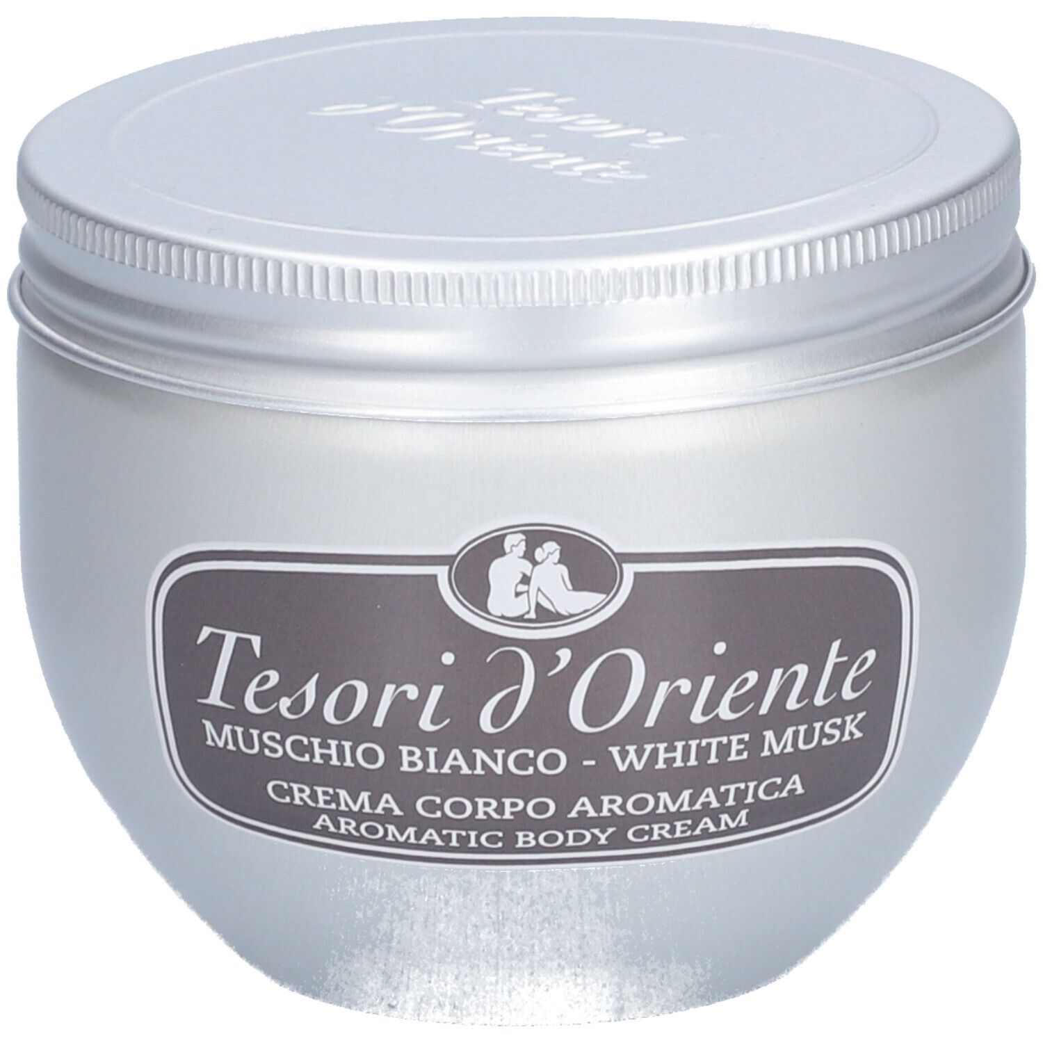 Pot argenté avec couvercle. Étiquette avec texte: Tesori d'Oriente, Muschio Bianco - White Musk, Crème Corps Aromatique.