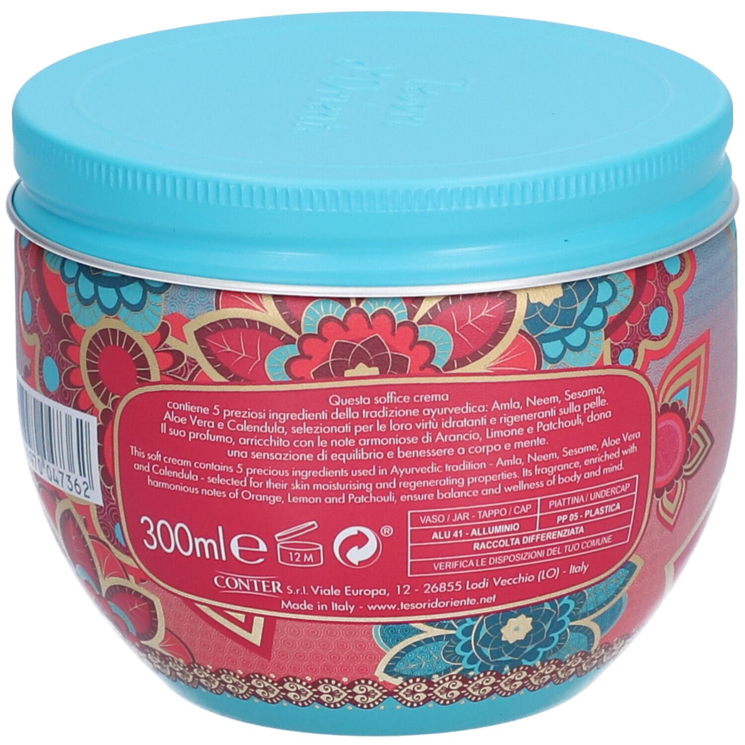 Runde Dose mit blauem Deckel. Rückseite mit Text. Aufschrift: Tesori d'Oriente. 300ml. Inhaltsstoffe: Amla, Neem, Sesam, Aloe Vera.