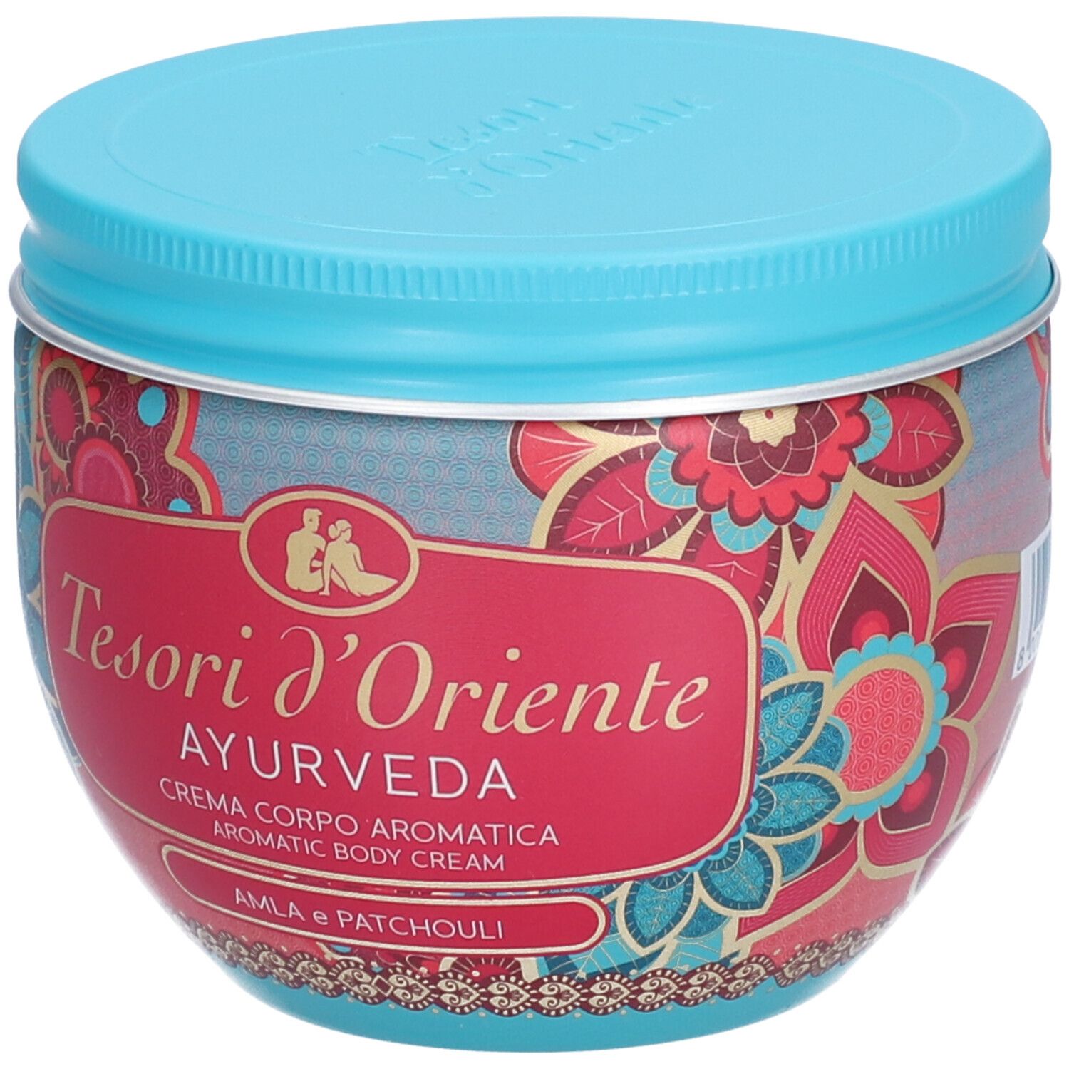 Runde Dose mit blauem Deckel. Aufschrift: Tesori d'Oriente Ayurveda. Amla und Patchouli. Florale Muster.