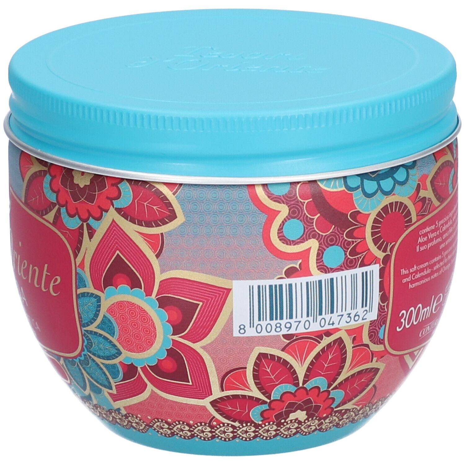 Runde Dose mit blauem Deckel. Aufschrift: Tesori d'Oriente. Barcode. 300ml. Florale Muster.