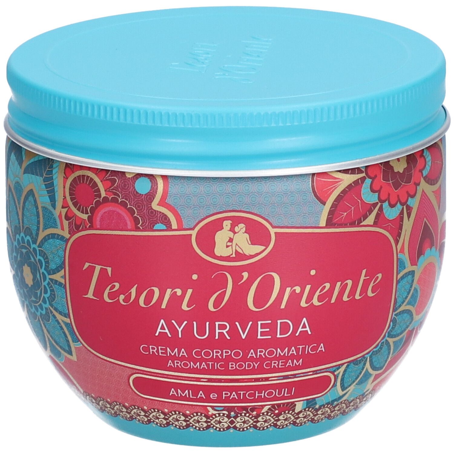 Runde Dose mit blauem Deckel. Aufschrift: Tesori d'Oriente Ayurveda. Amla und Patchouli. Dekorative florale Muster.