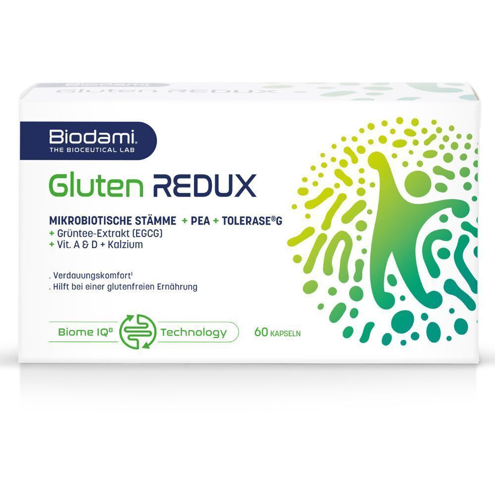 Weiße Schachtel mit „Biodami Gluten Redux“. Enthält 60 Kapseln. Aufschrift: „Komplex aus Mikrobiotika + PEA + Grüntee-Extrakt + Vit. A & D + Calcium“.