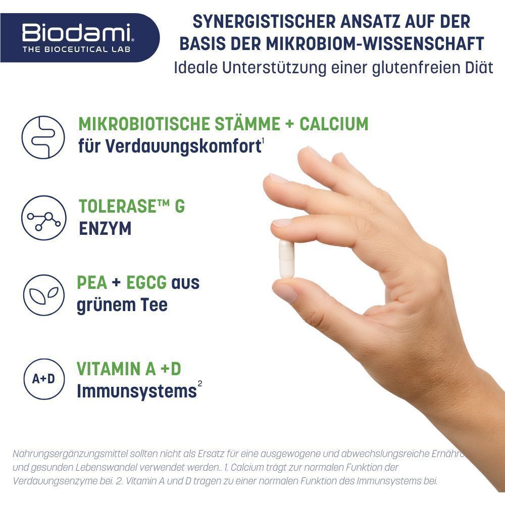 Hand mit einer Kapsel. Text: Mikrobiotische Stämme + Calcium, Tolerase G Enzym, PEA + EGCG aus grünem Tee, Vitamine A + D.