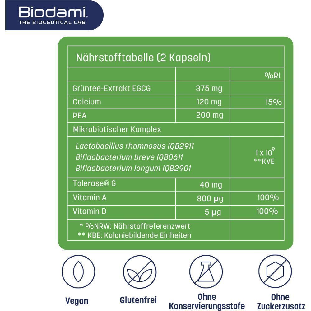 Nährwerttabelle. Enthält: Grüntee-Extrakt EGCG, Calcium, PEA, Mikrobiotischer Komplex, Tolerase G, Vitamin A, Vitamin D.