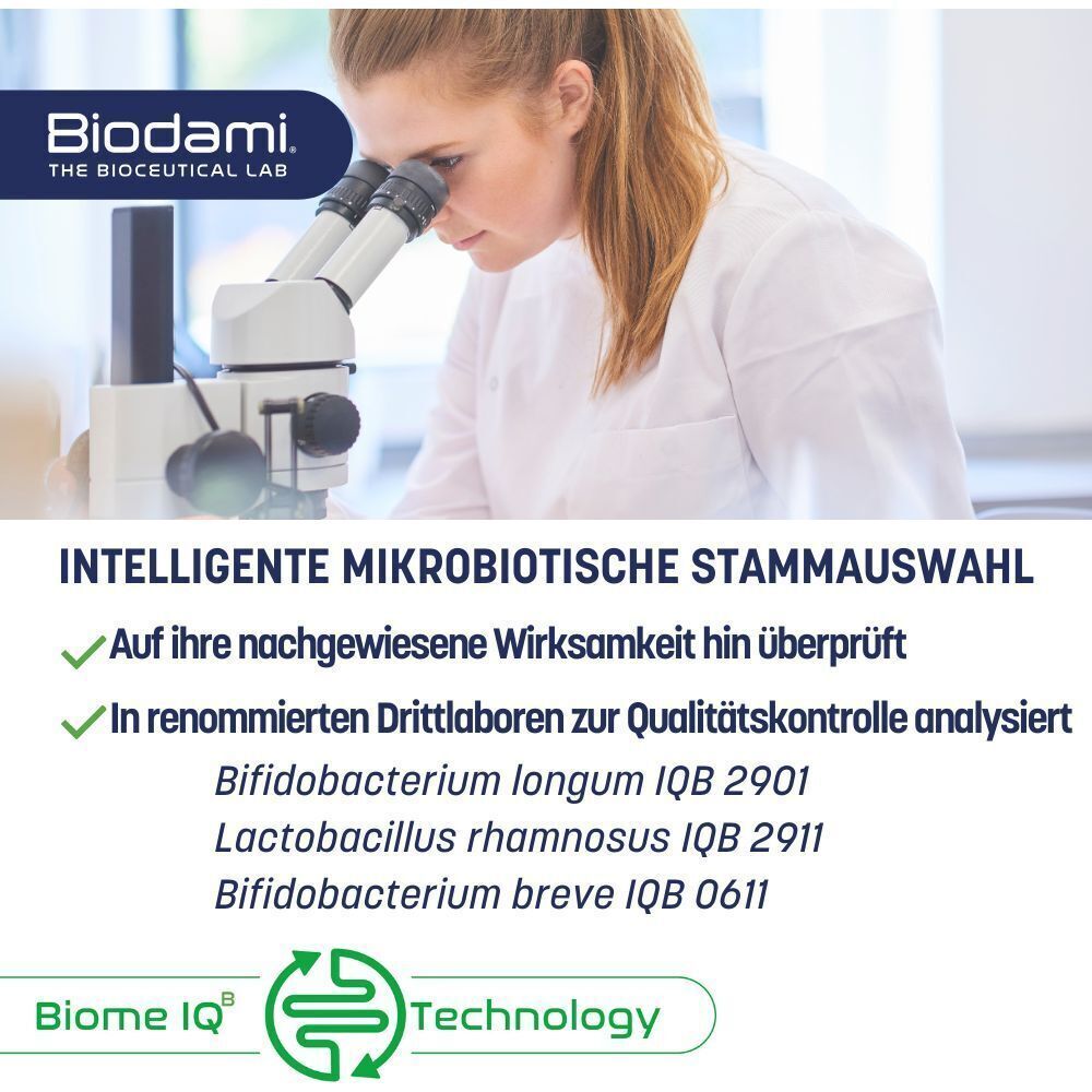 Frau mit Mikroskop. Text: Intelligente Auswahl mikrobiotischer Stämme. Getestet auf Wirksamkeit. Analysiert in Laboren.