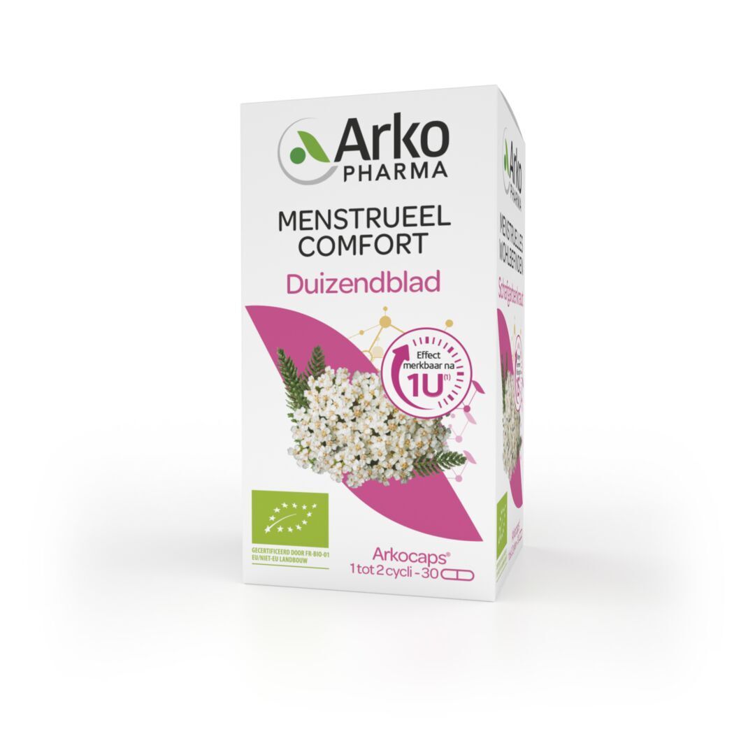 Weiße Produktverpackung mit rosa Akzenten. Aufschrift: Menstrueel Comfort, Duizendblad. 30 Kapseln.