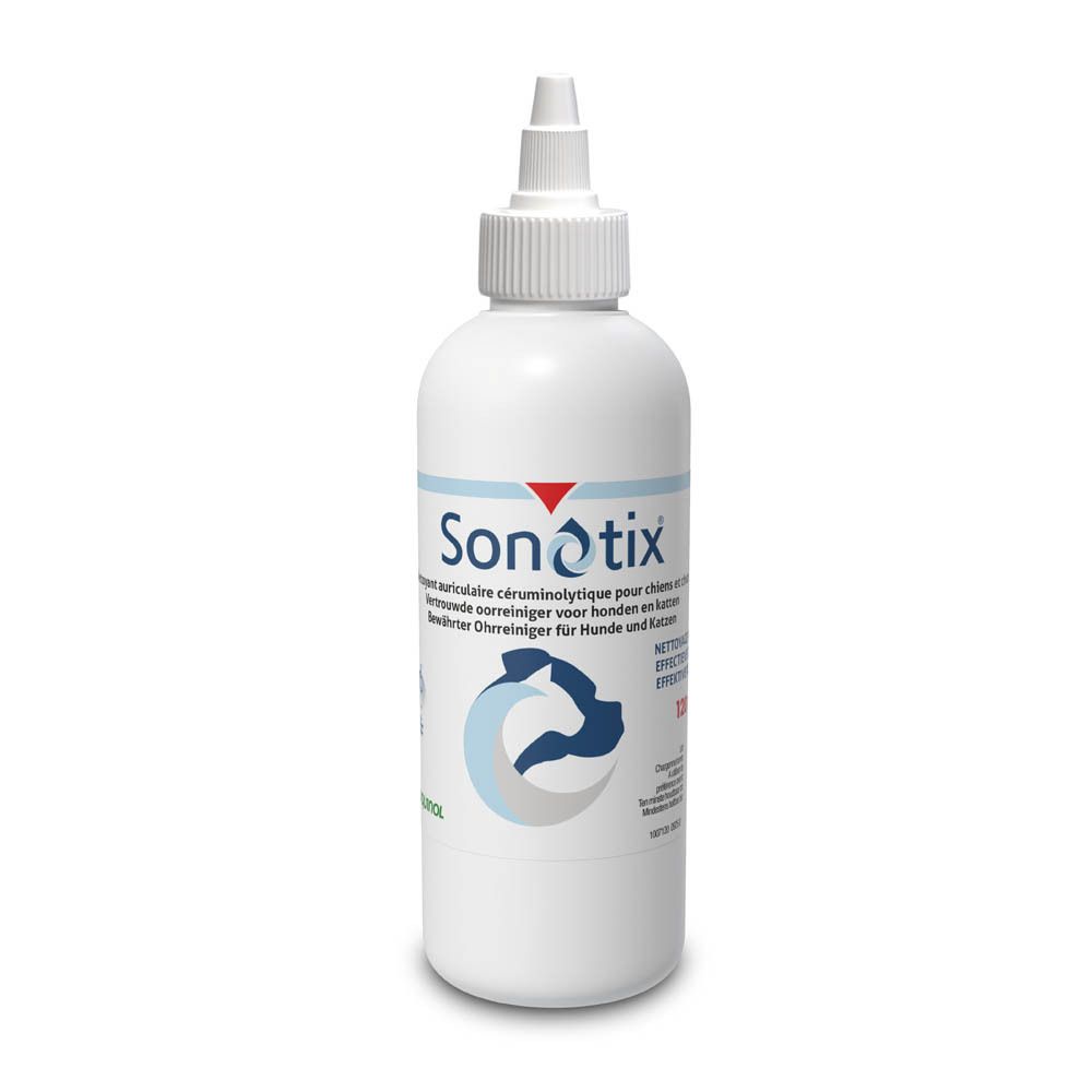 Sonotix Ohrenreiniger für Hunde und Katzen, 120 ml Flasche und Karton.