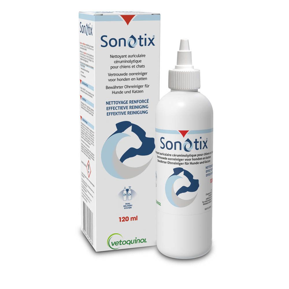 Flasche und Karton für Sonotix Ohrenreiniger für Hunde und Katzen, 120 ml.