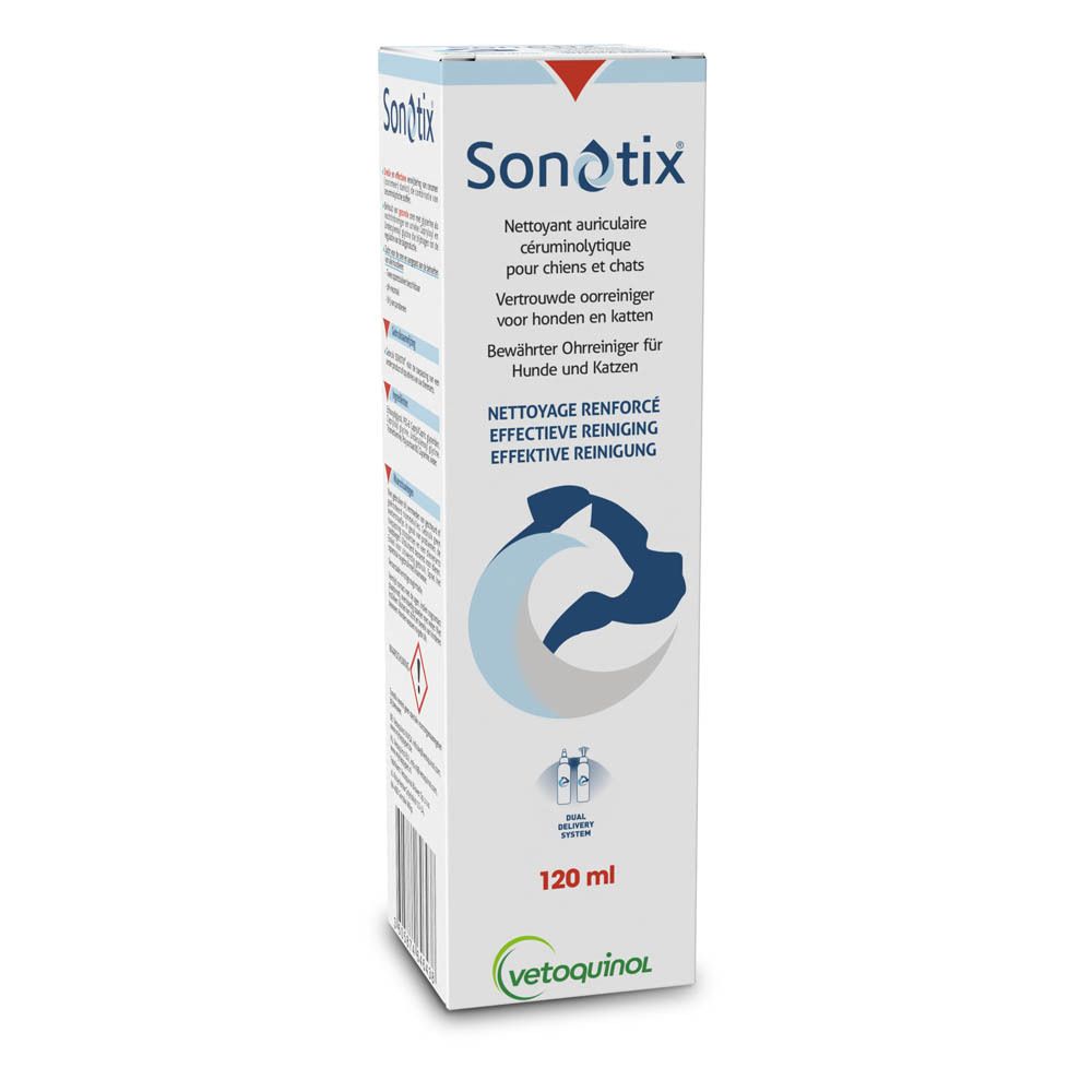 Sonotix Ohrenreiniger für Hunde und Katzen, 120 ml Flasche und Karton.
