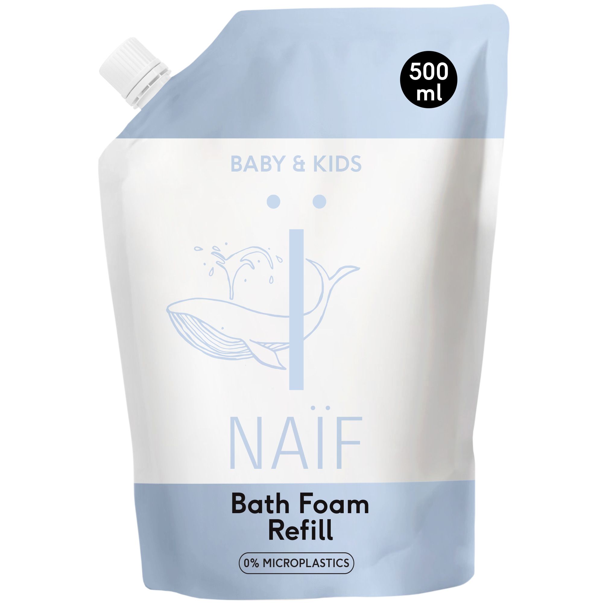 Recharge de mousse de bain Baby & Kids. Emballage blanc avec accent bleu. 500 ml. 0% microplastiques.