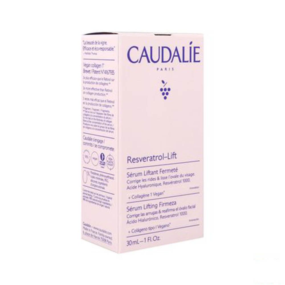 Emballage Caudalie Resveratrol-Lift. Inscriptions: Caudalie, Resveratrol-Lift, Sérum Liftant Fermeté, 30ml-1 Fl.Oz.