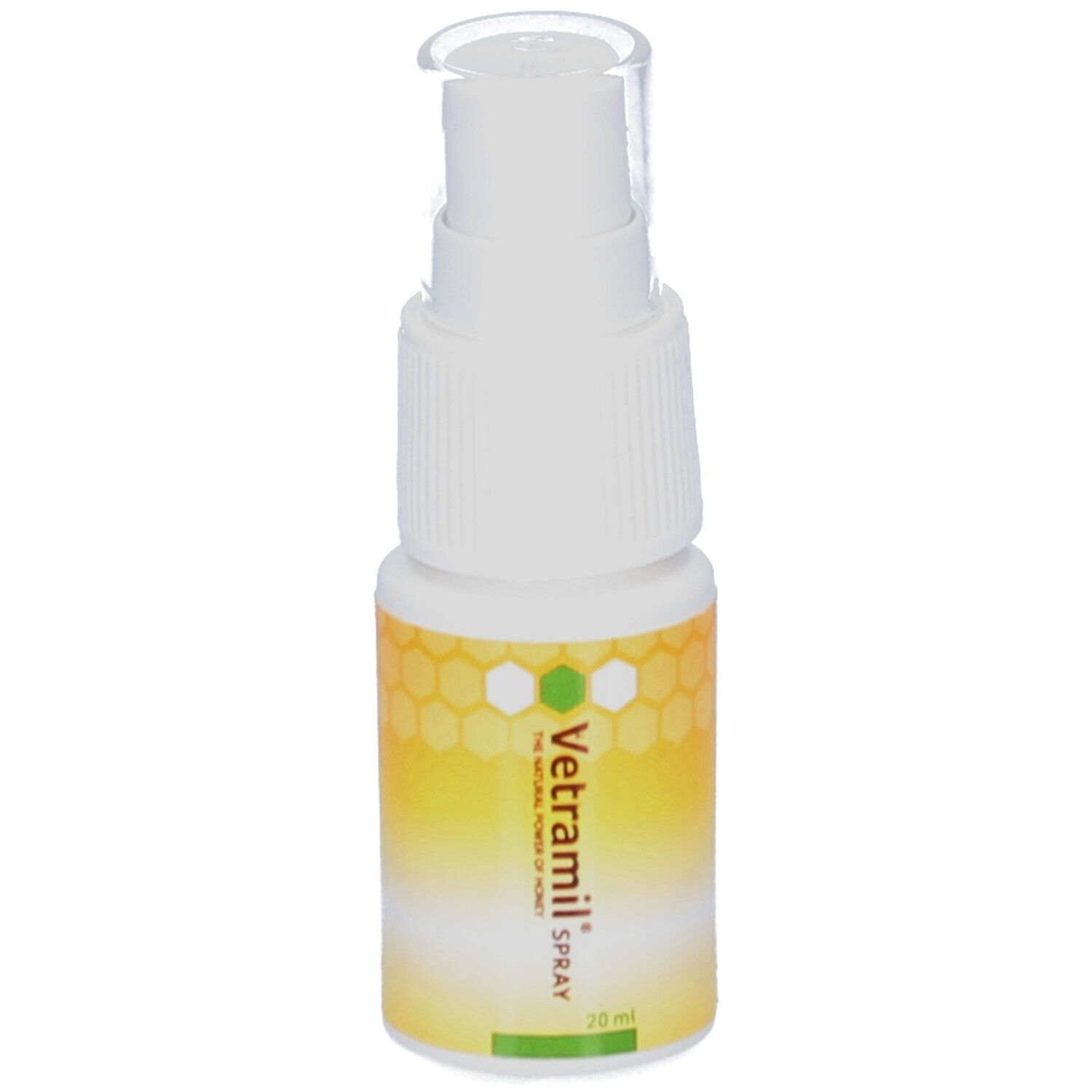 Weiße Sprühflasche mit gelbem Etikett und Honigwabenmuster. Transparente Kappe. Aufschrift: Vetramil Spray, 20 ml.