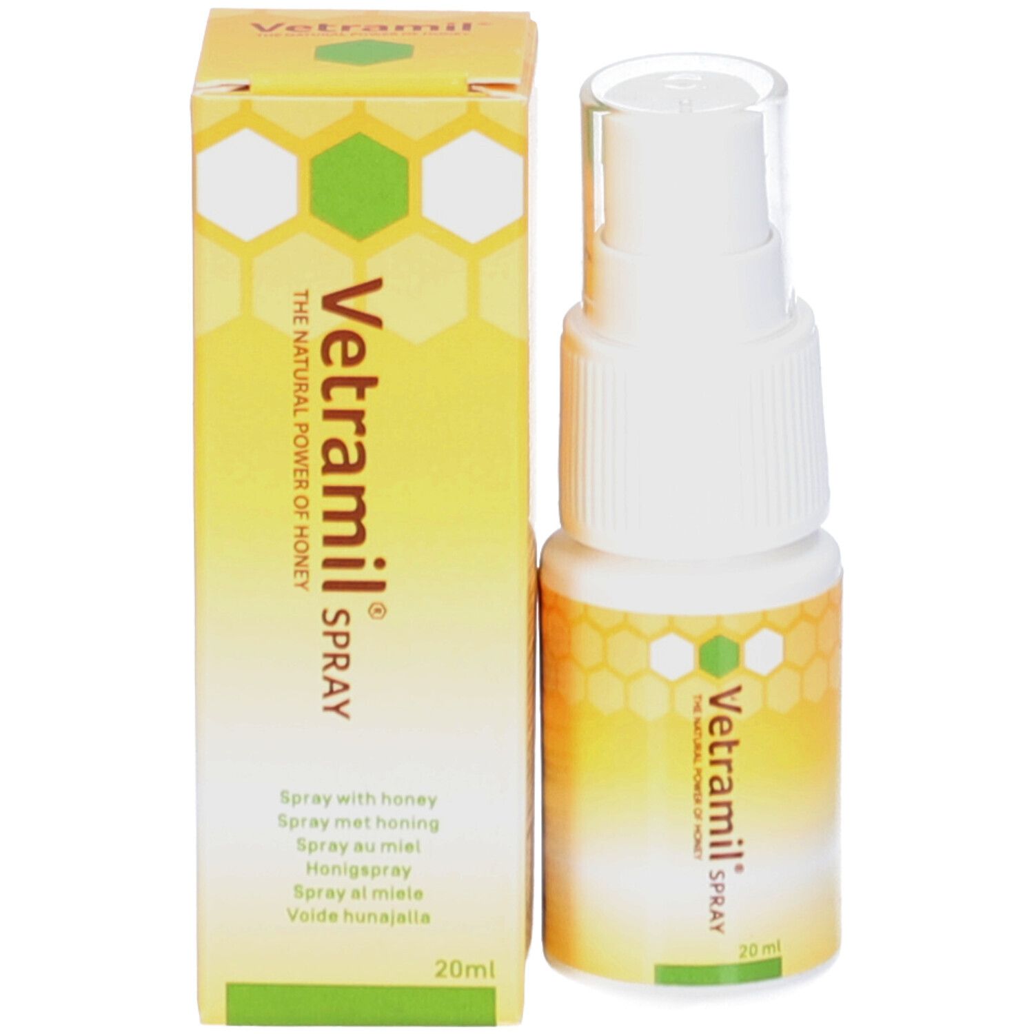 Weiße Sprühflasche und Schachtel. Aufschrift: Vetramil Spray, 20 ml. Gelbes Design mit Honigwabenmuster.