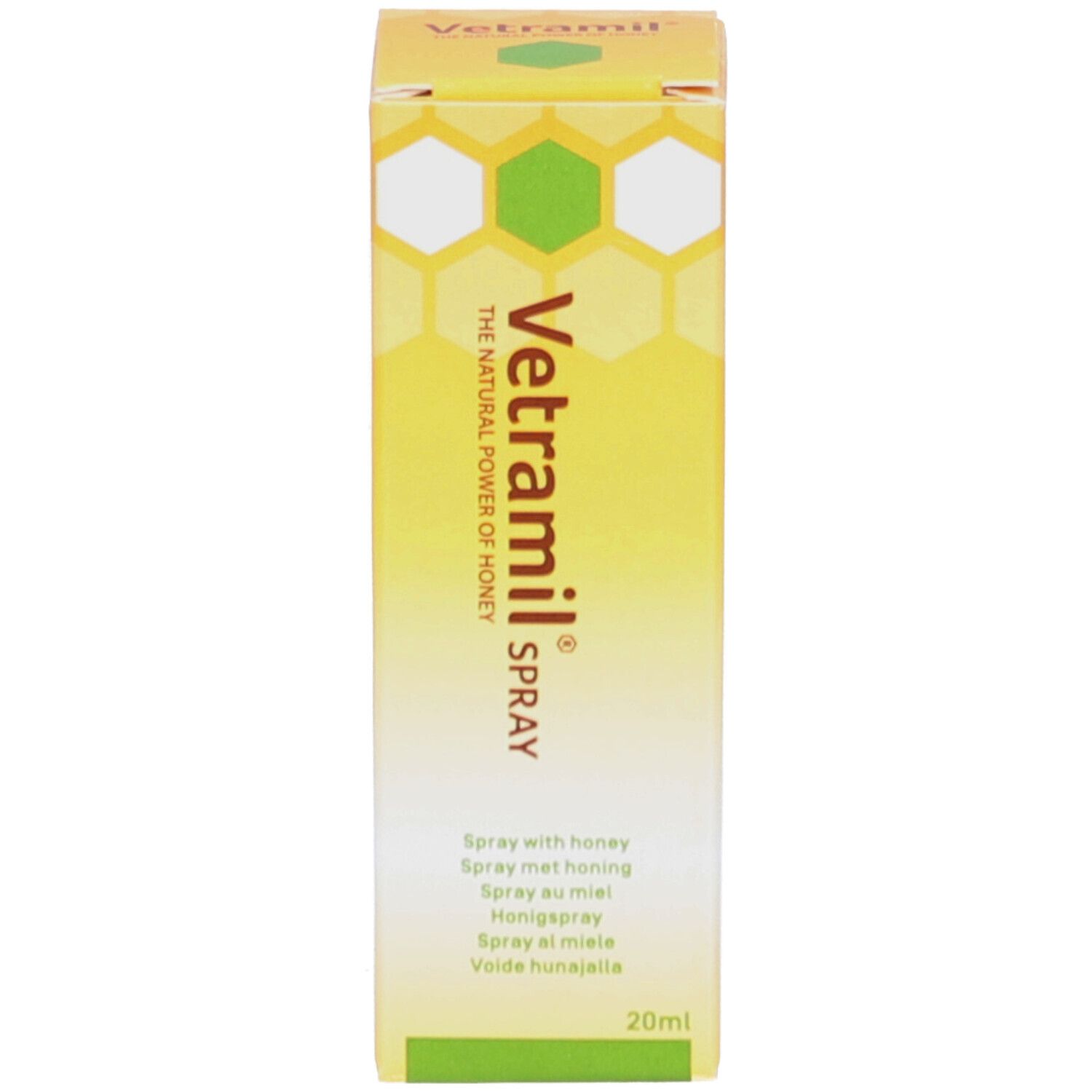 Gelbe Schachtel mit Aufschrift: Vetramil Spray, 20 ml. Honigwabenmuster.
