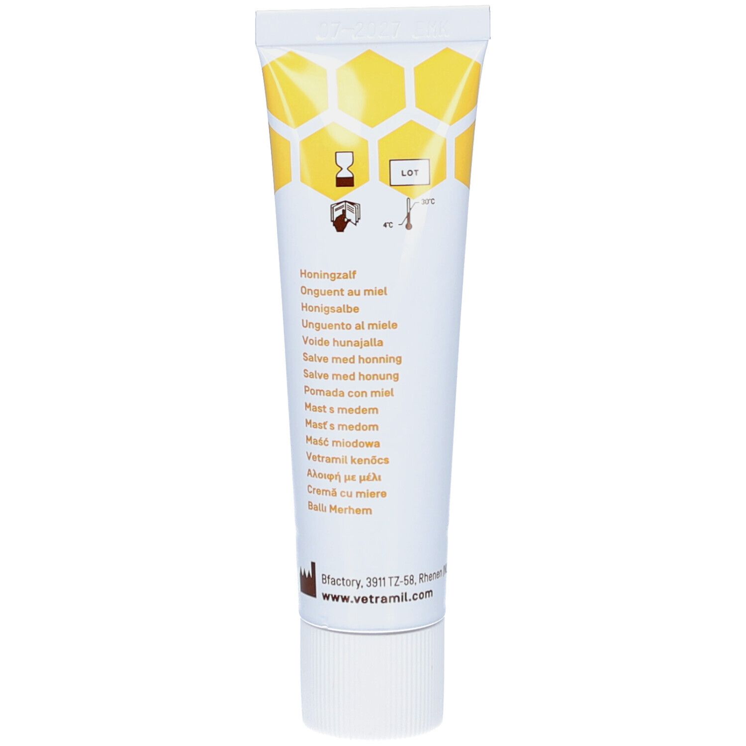 Rückseite der Creme-Tube mit Honig. Mehrsprachige Auflistung. Logo und Website-Adresse von Vetramil.