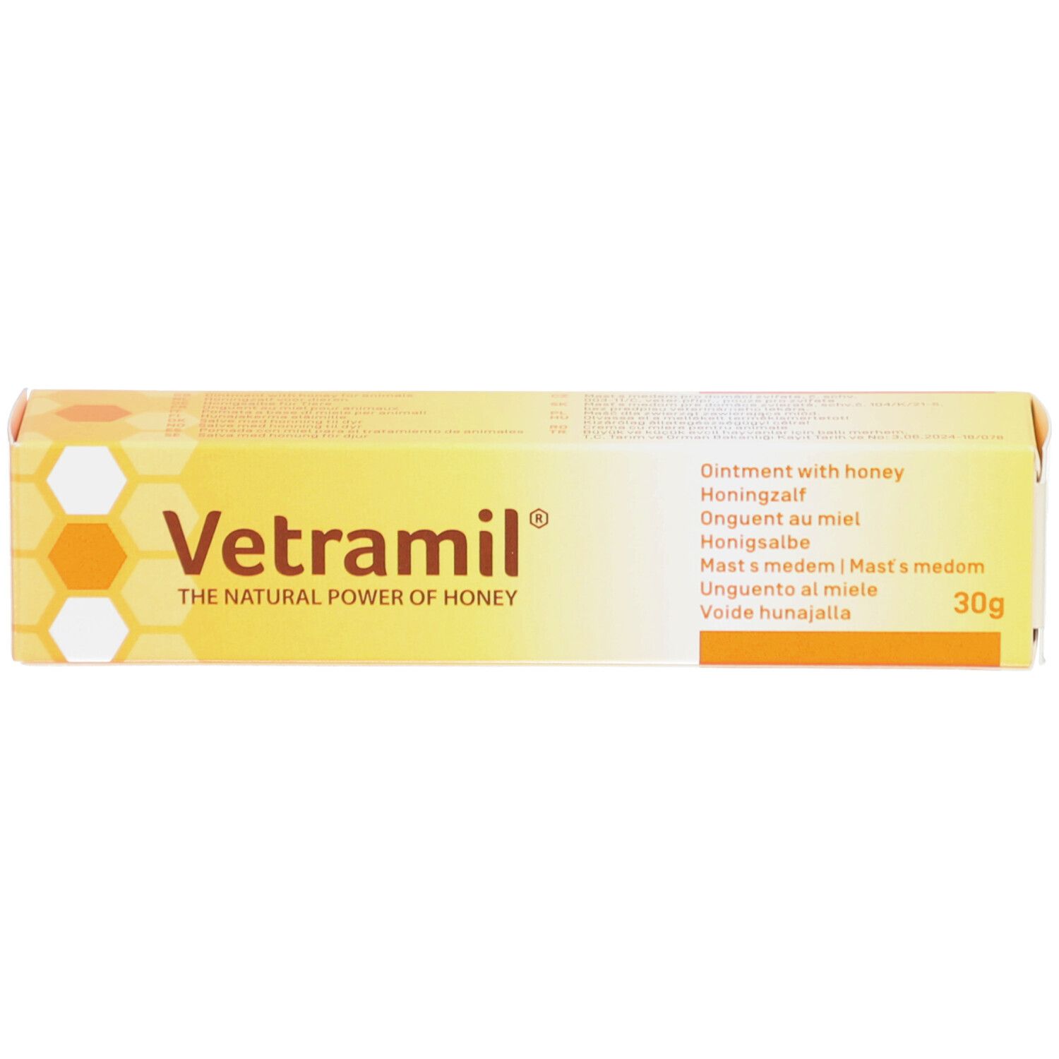 Schachtel mit Vetramil Creme. Gelb mit Markennamen und Aufschrift: Ointment with honey. 30g.