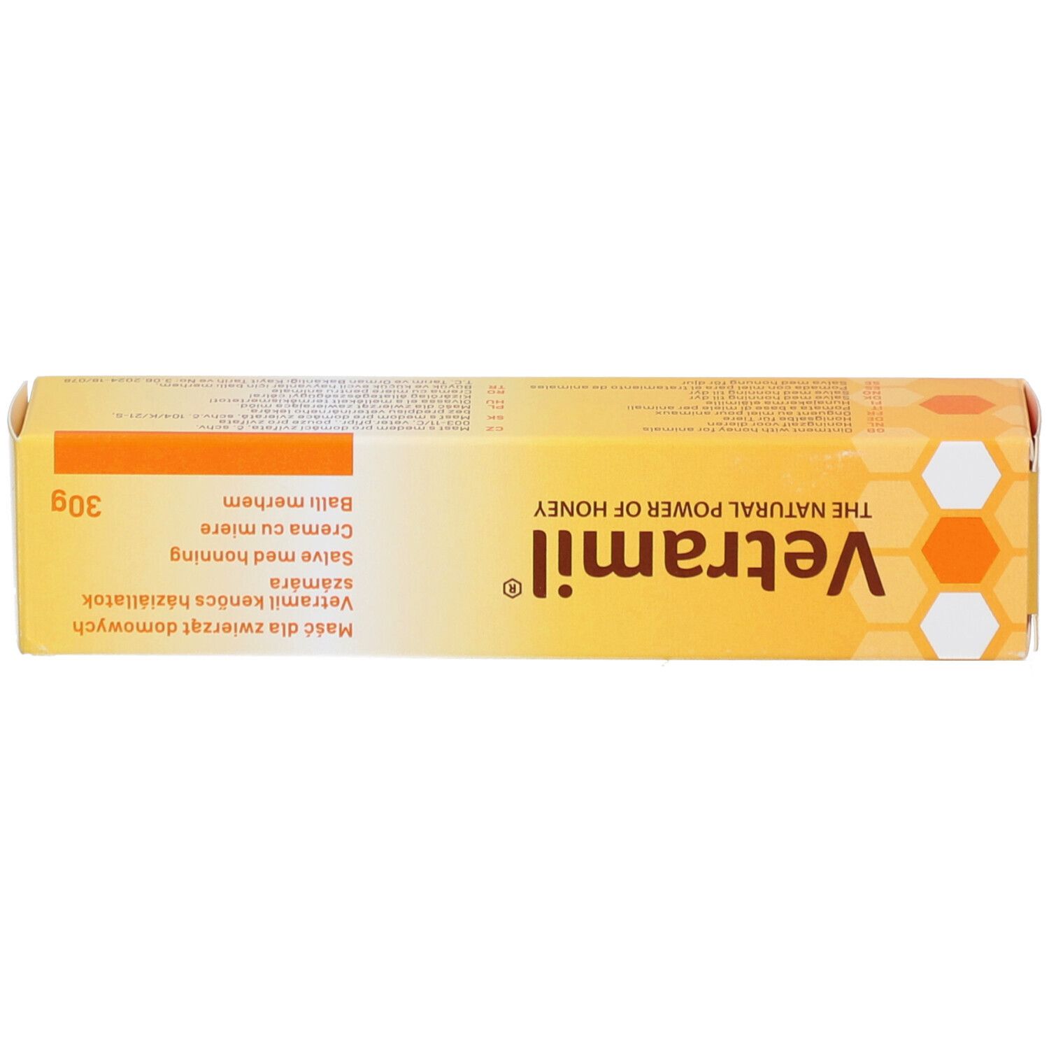 Oberseite der Vetramil Creme-Schachtel. Gelb mit Markennamen und Produktinformationen. Aufschrift: 30g.