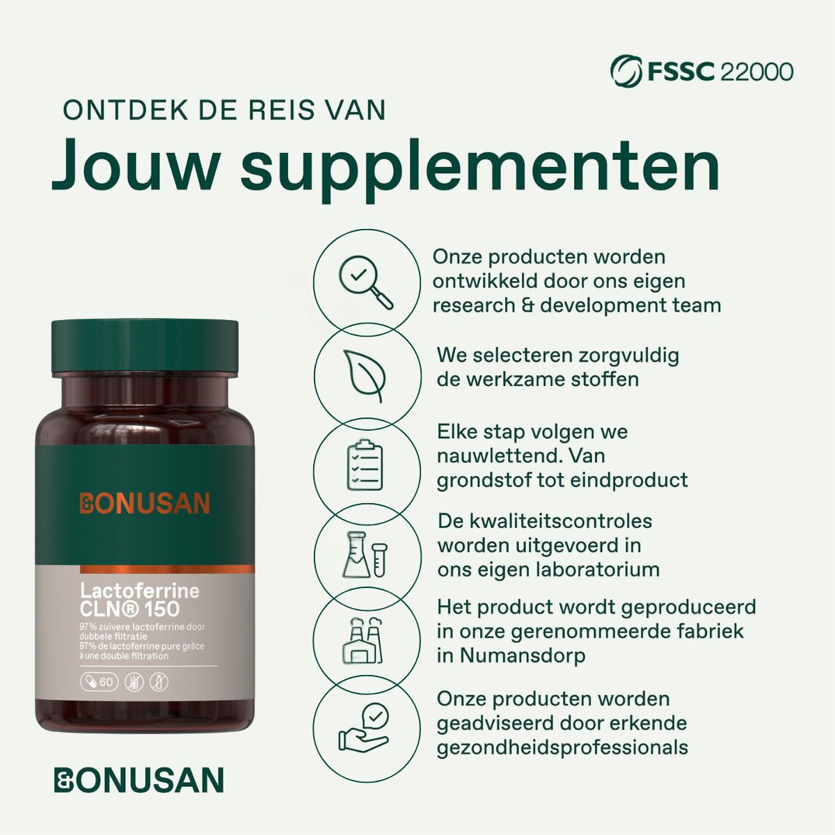 Bonusan Lactoferrine CLN® 150. Flacon de 60 gélules. Texte et icônes. Certification FSSC 22000.