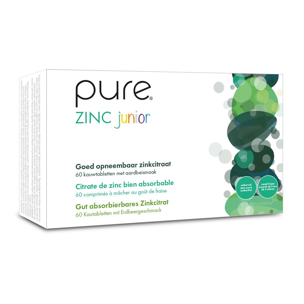 Boîte blanche "pure ZINC junior". Contient 60 comprimés à mâcher. Inscription: Citrate de zinc, 5mg zinc, goût fraise.