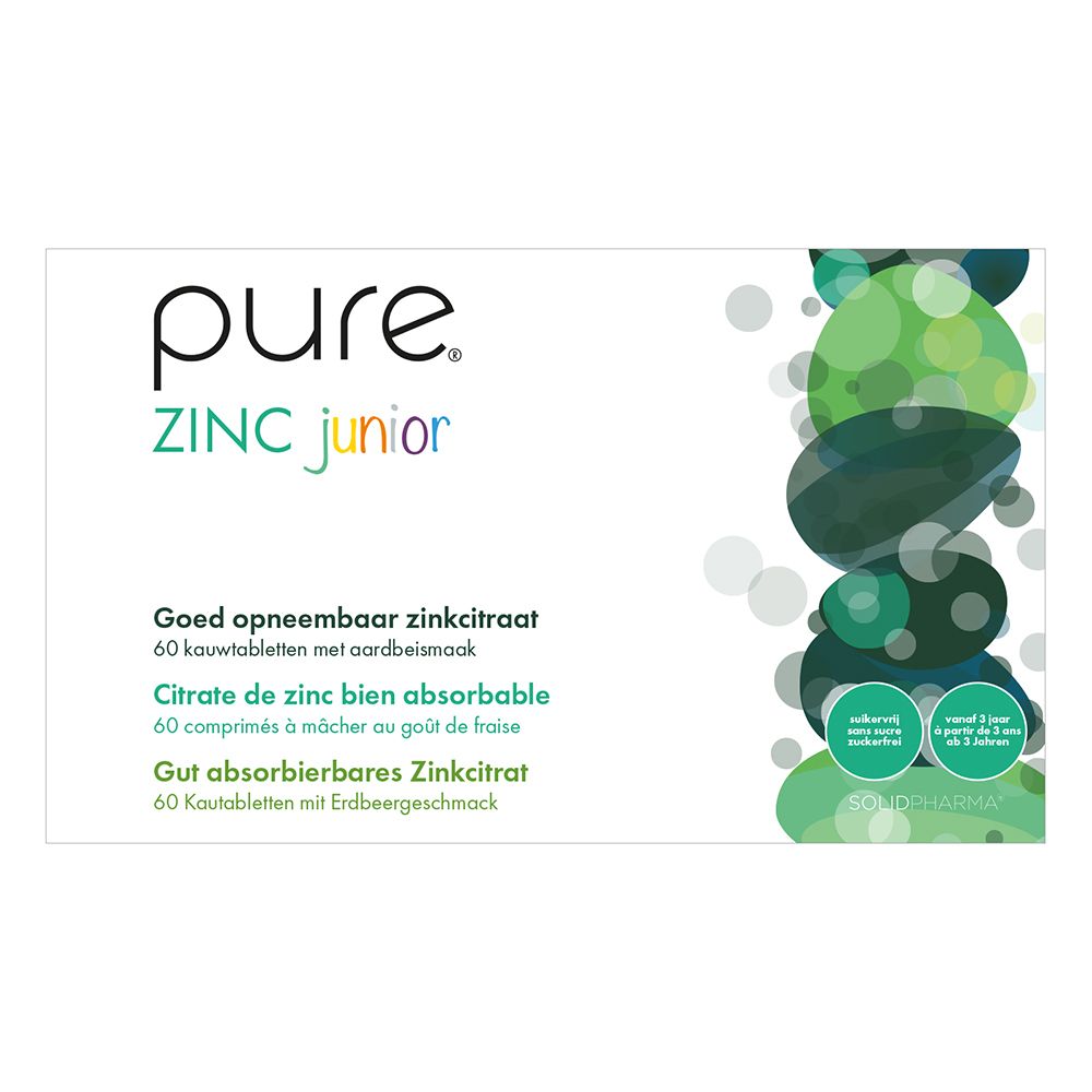 Boîte blanche "pure ZINC junior". Contient 60 comprimés à mâcher. Inscription: Citrate de zinc, 5mg zinc, goût fraise.
