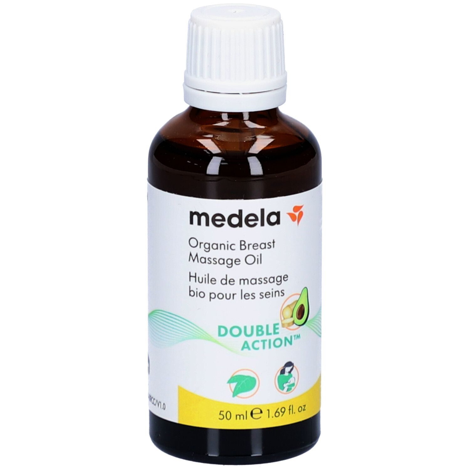 Braune Glasflasche mit weißem Deckel. Aufschrift: Medela, Organic Breast Massage Oil, Huile de massage bio pour les seins.