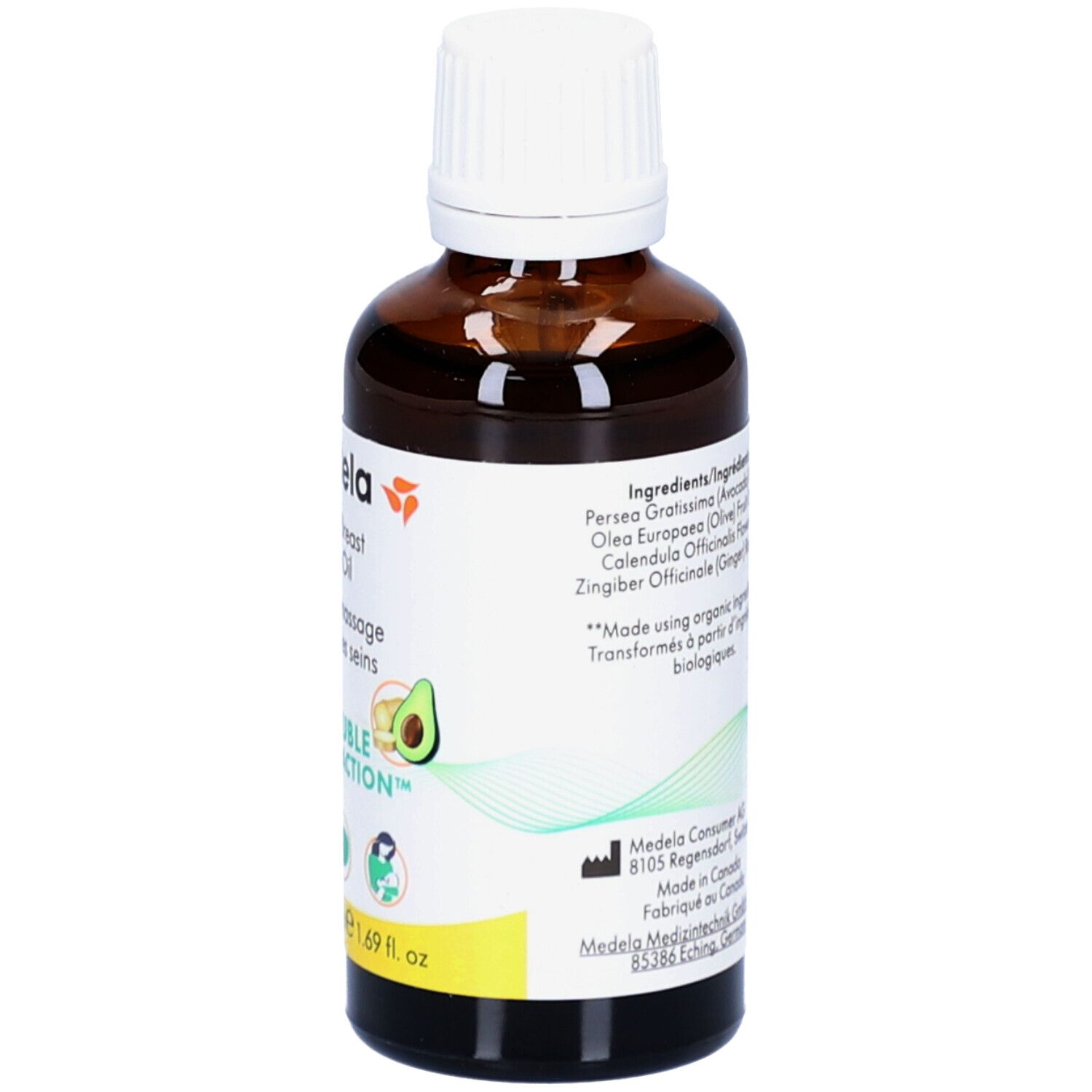 Braune Glasflasche mit weißem Deckel. Aufschrift: Medela, Organic Breast Massage Oil, Huile de massage bio pour les seins.