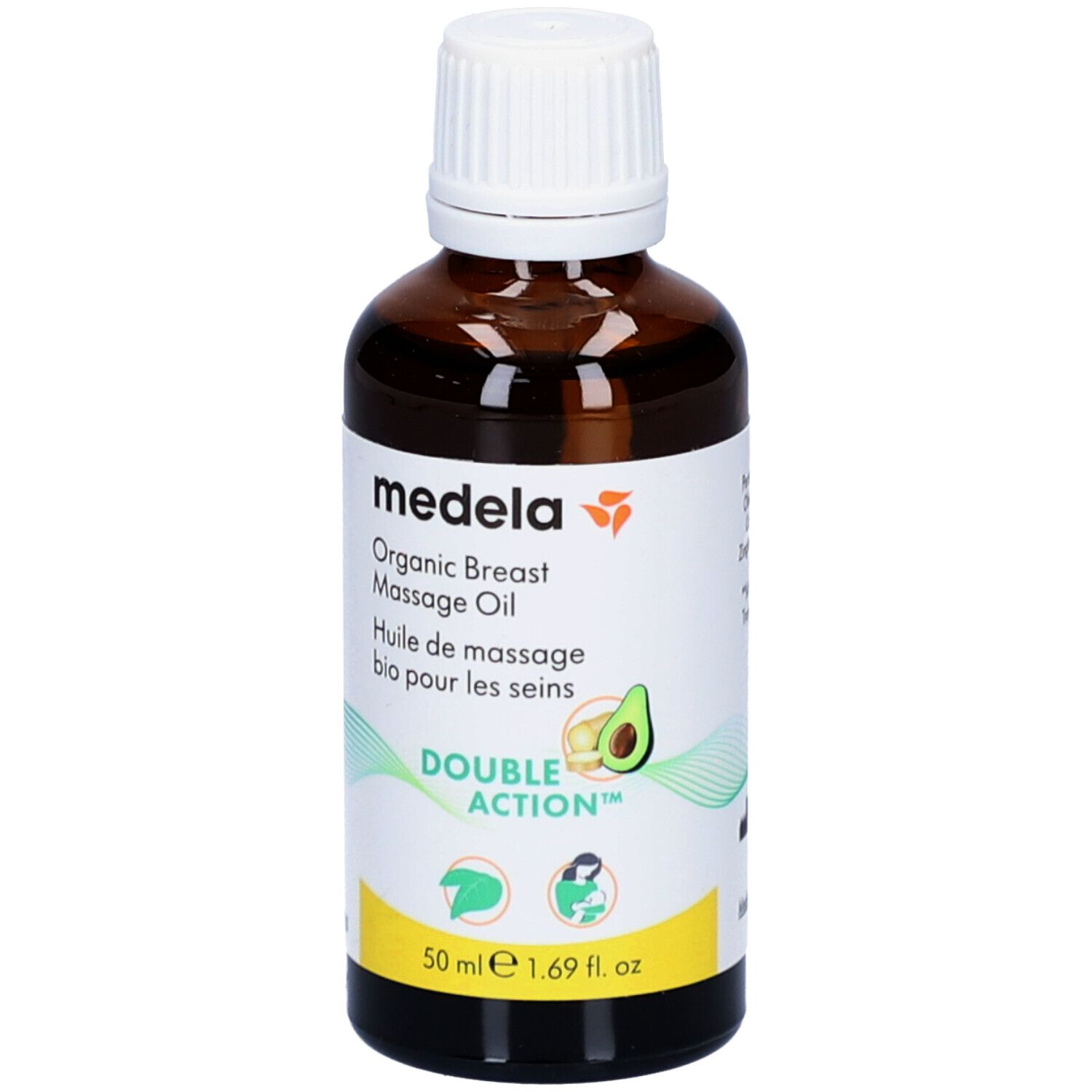 Braune Glasflasche mit weißem Deckel. Aufschrift: Medela, Organic Breast Massage Oil, Huile de massage bio pour les seins.