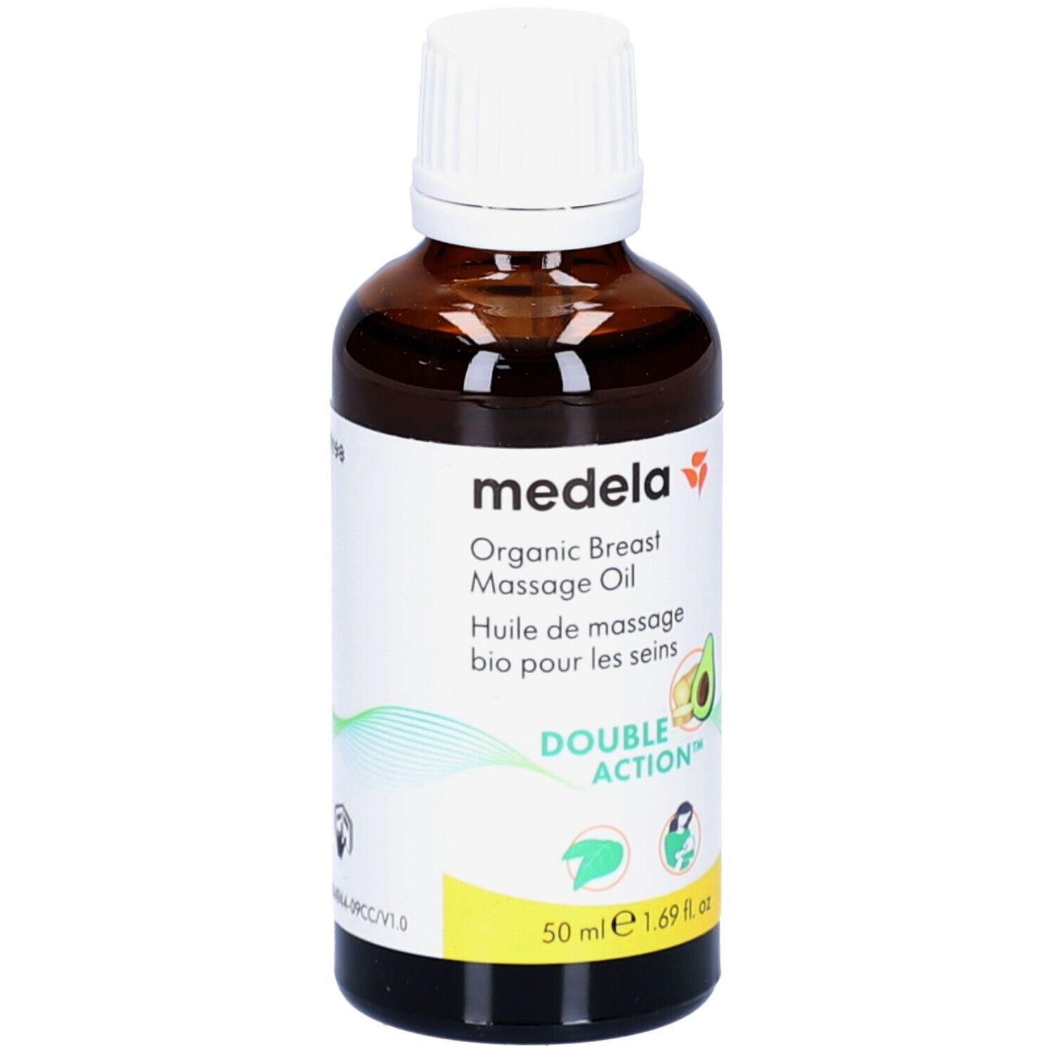 Braune Glasflasche mit weißem Deckel. Aufschrift: Medela, Organic Breast Massage Oil, Huile de massage bio pour les seins.